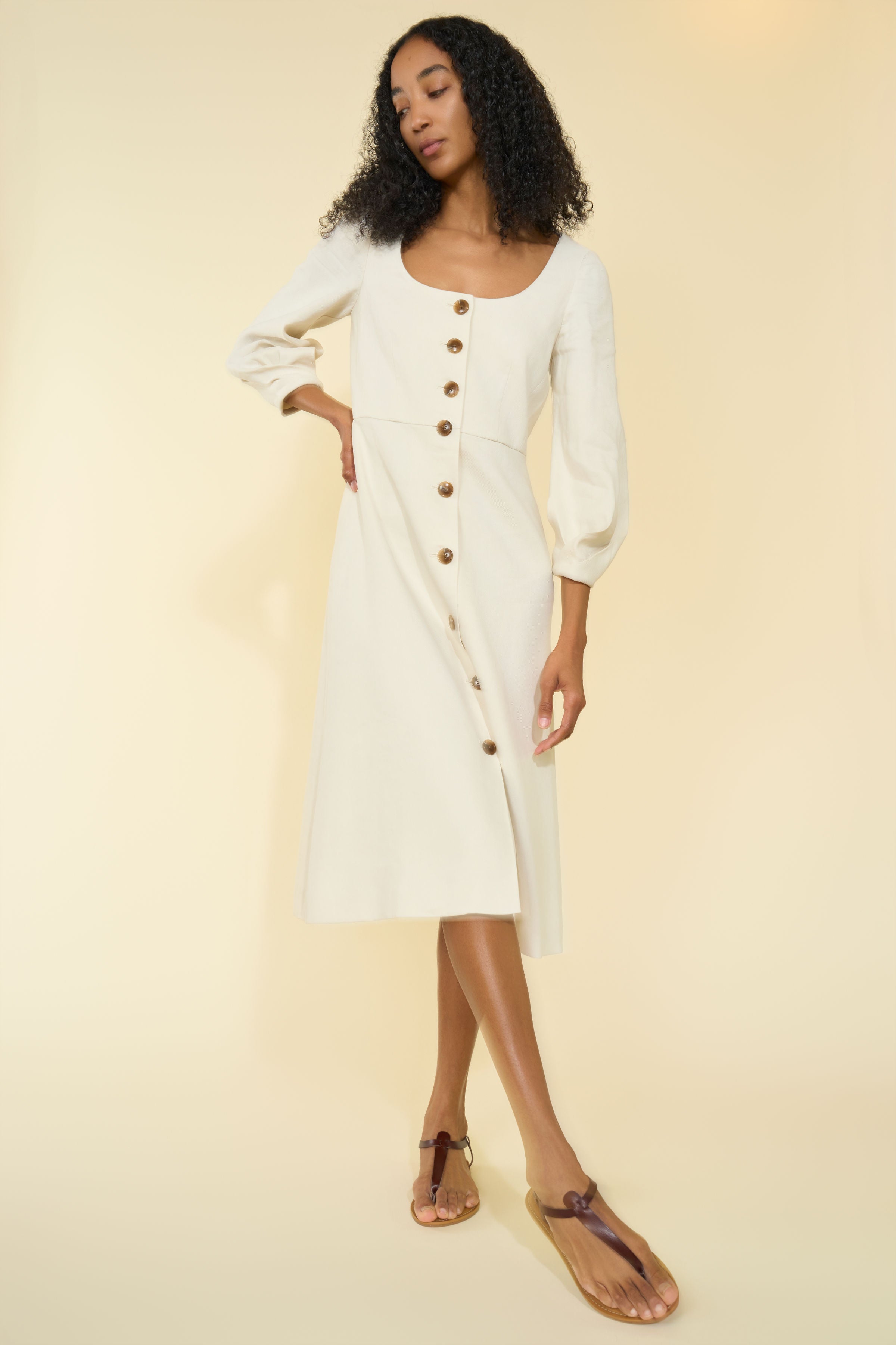 Alamo Dress in Alabaster — sleek Italian linen twill with slight natural stretch, seamed natural waist, sculpted three-quarter sleeves, button-front closure, above-ankle length, full-length front view