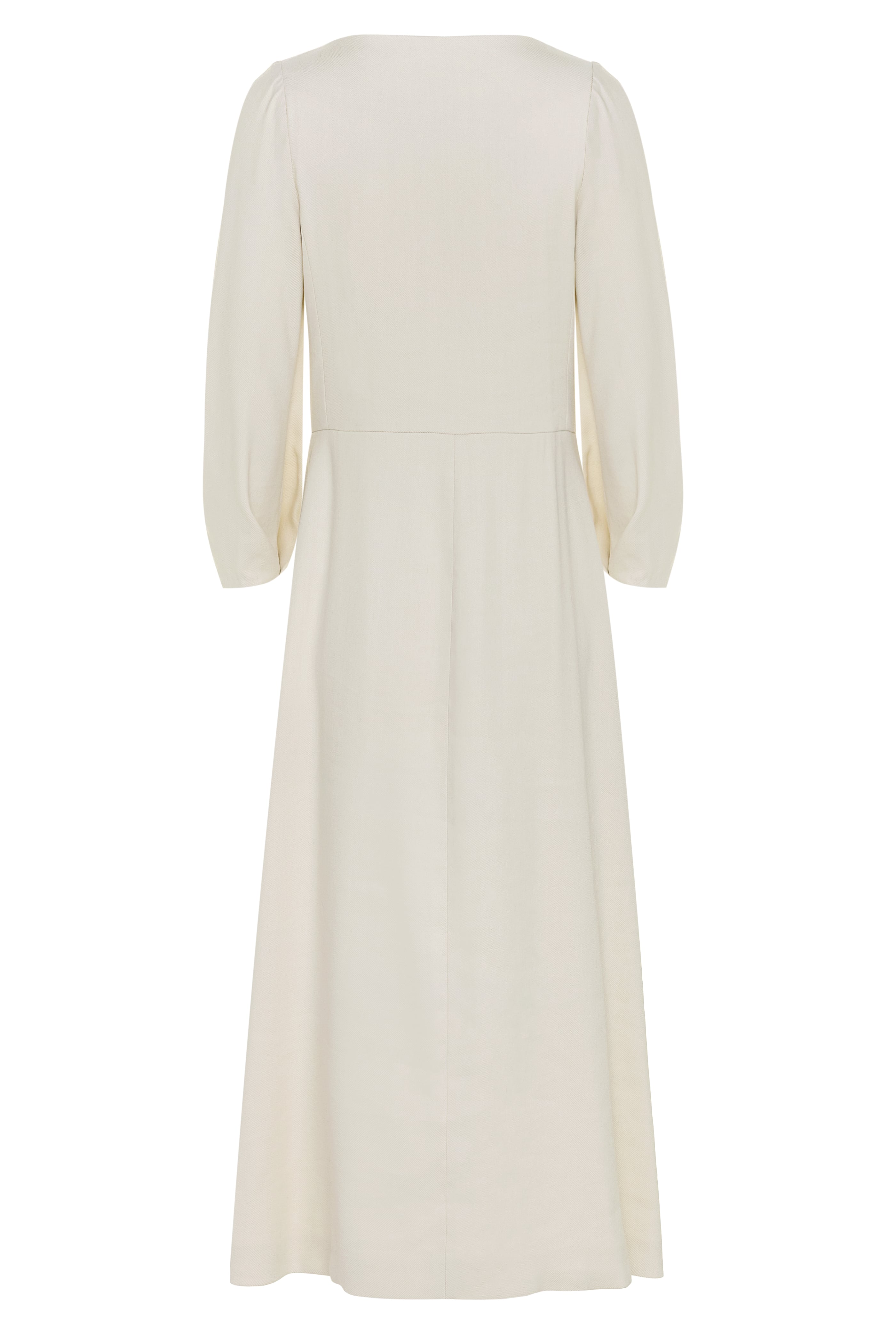 Alamo Dress in Alabaster — sleek Italian linen twill with slight natural stretch, seamed natural waist, sculpted three-quarter sleeves, button-front closure, above-ankle length, front portrait
