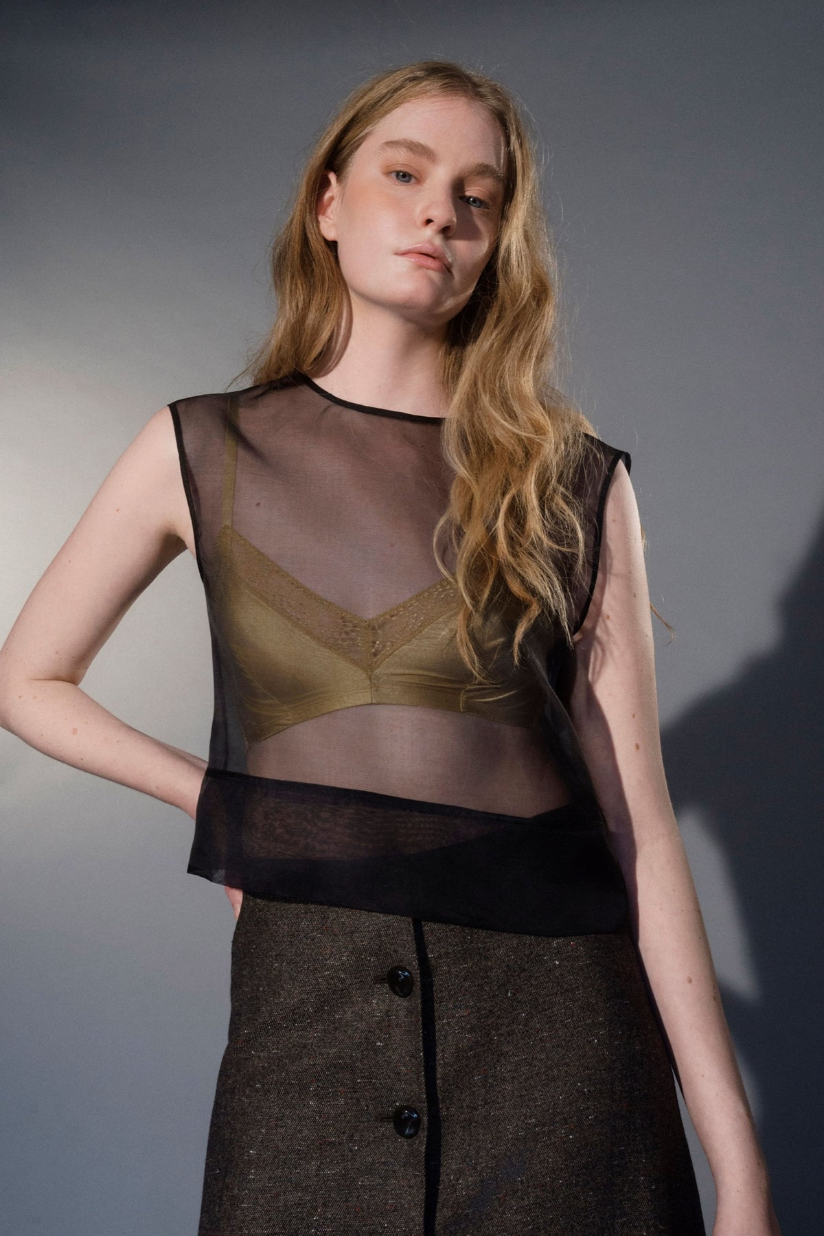 Stathe Capulin Top in Black — sheer silk, sleeveless, round neckline, front view