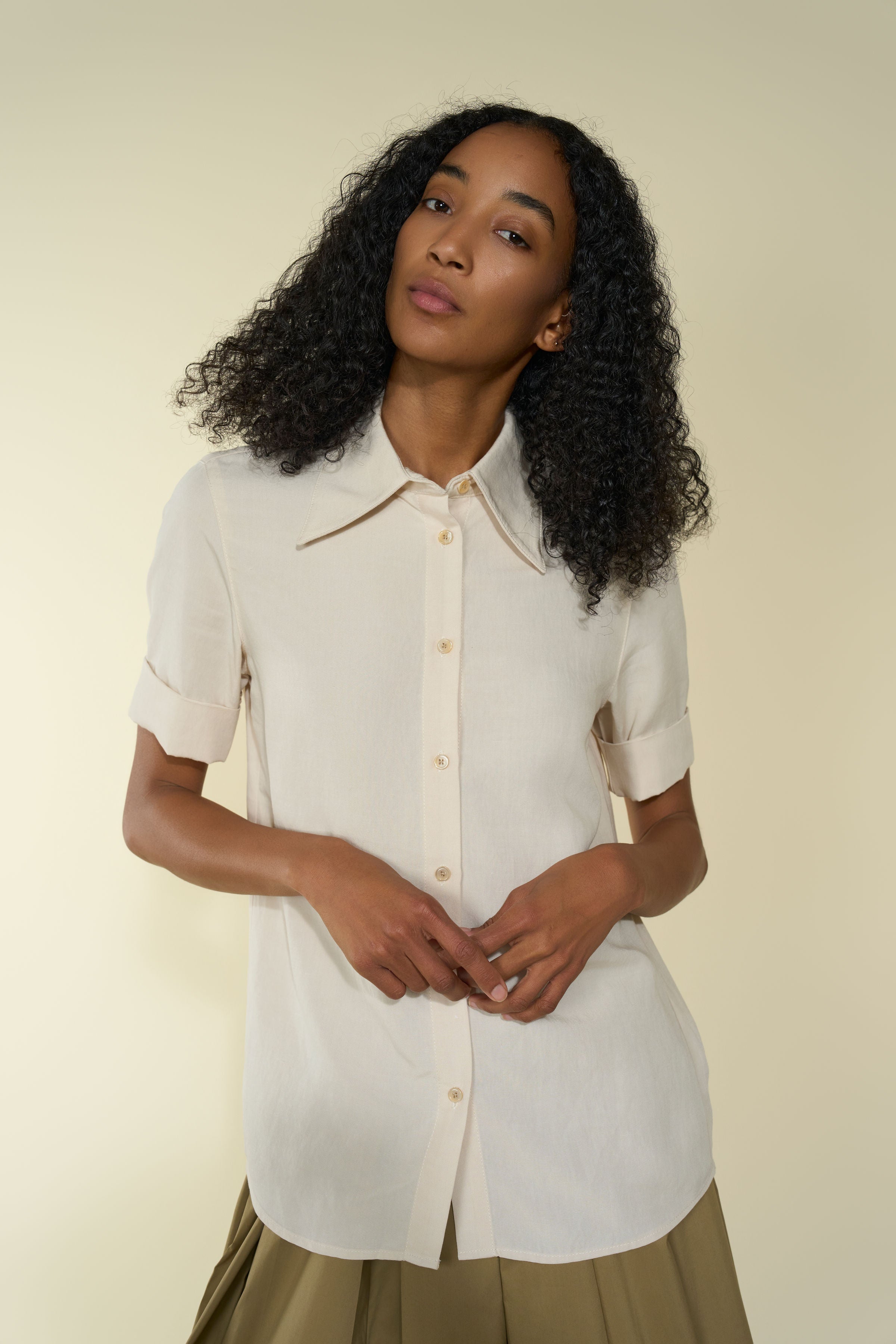Chicura Shirt in Gesso — Japanese close-weave linen blend, pointy collar, folded short sleeves, versatile styling piece, front portrait