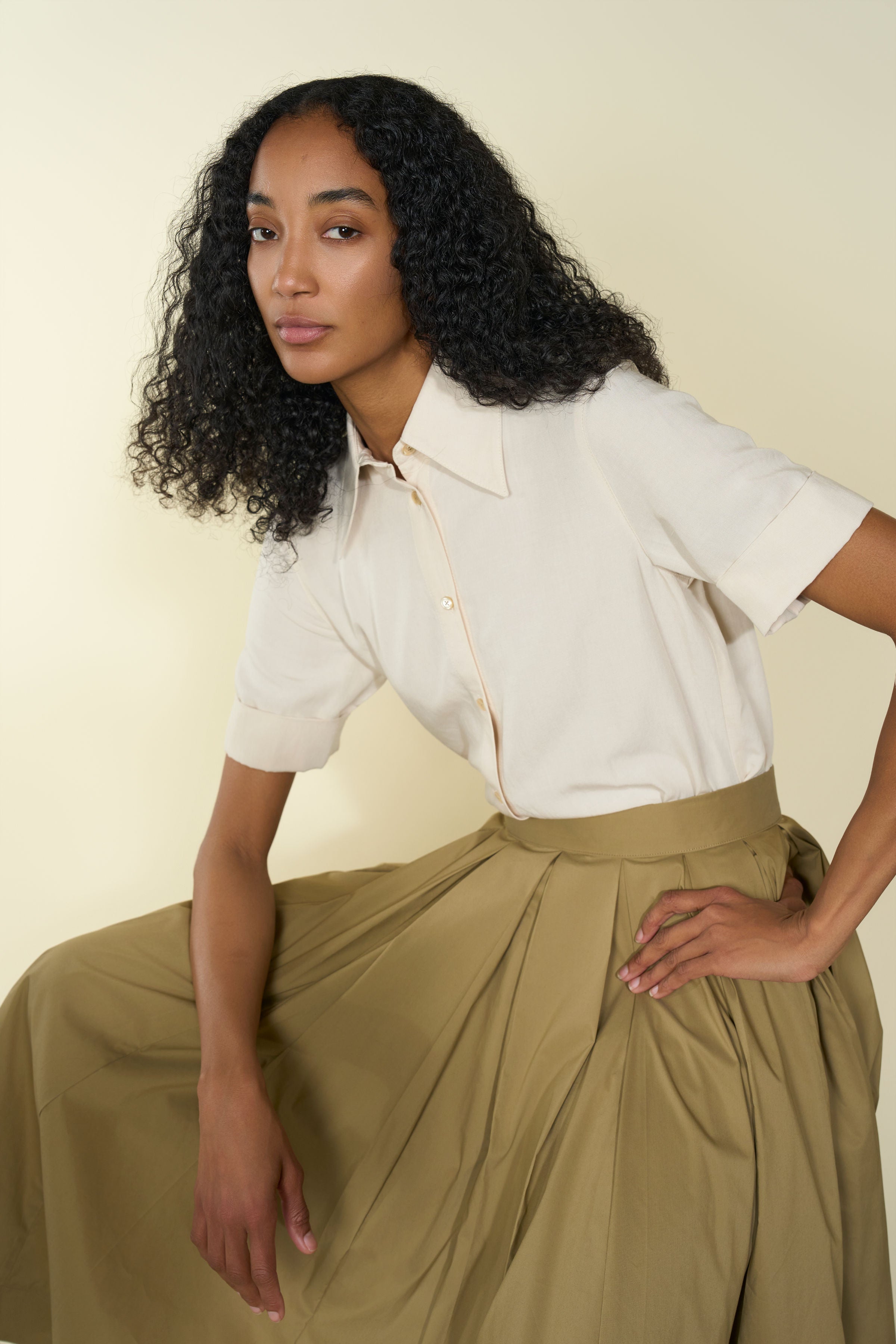 Chicura Shirt in Gesso — Japanese close-weave linen blend, pointy collar, folded short sleeves, versatile styling piece, portrait view