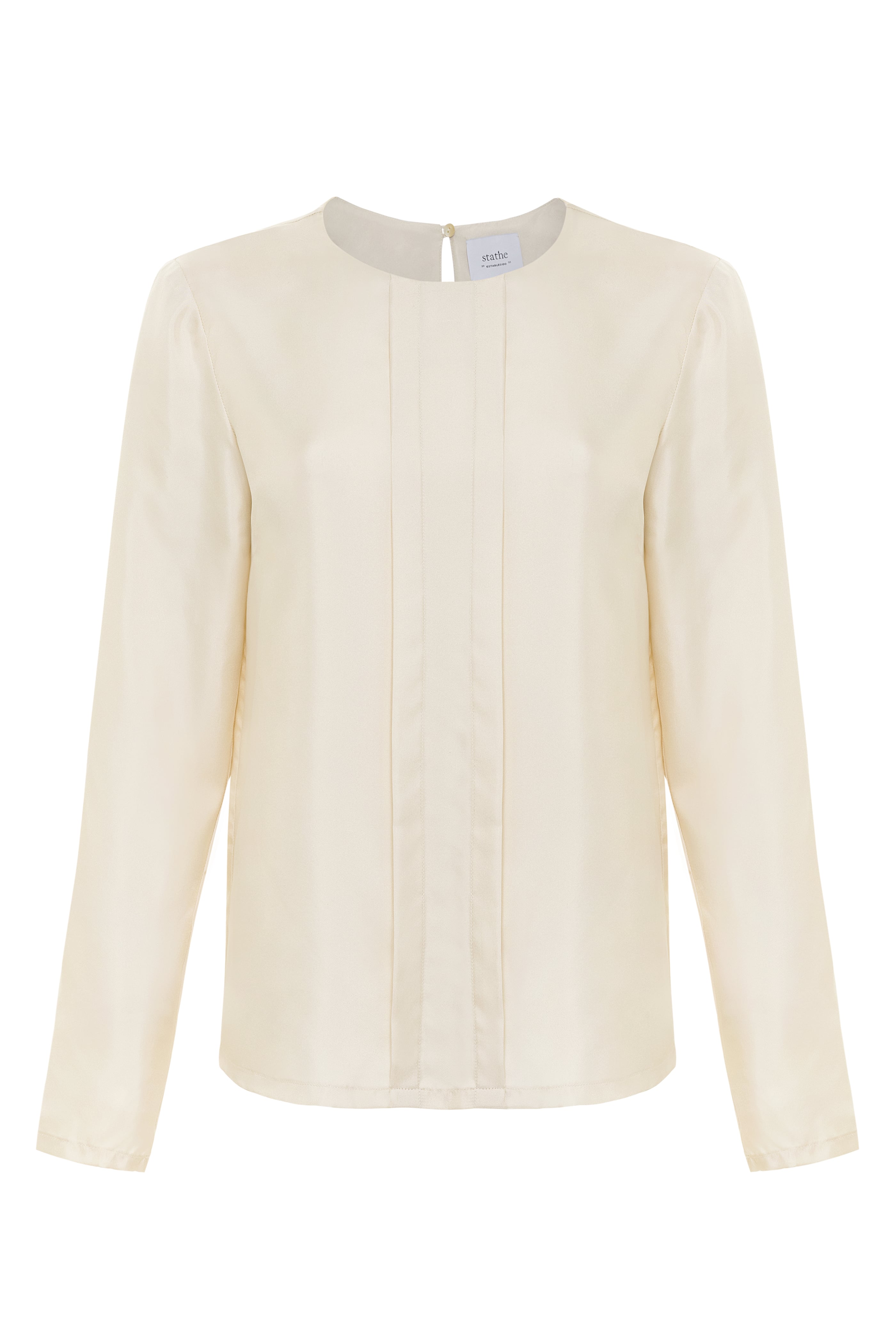 Choya top in Bone — lustrous silk twill, relaxed fit, long straight sleeves, pleated front details, flat lay back
