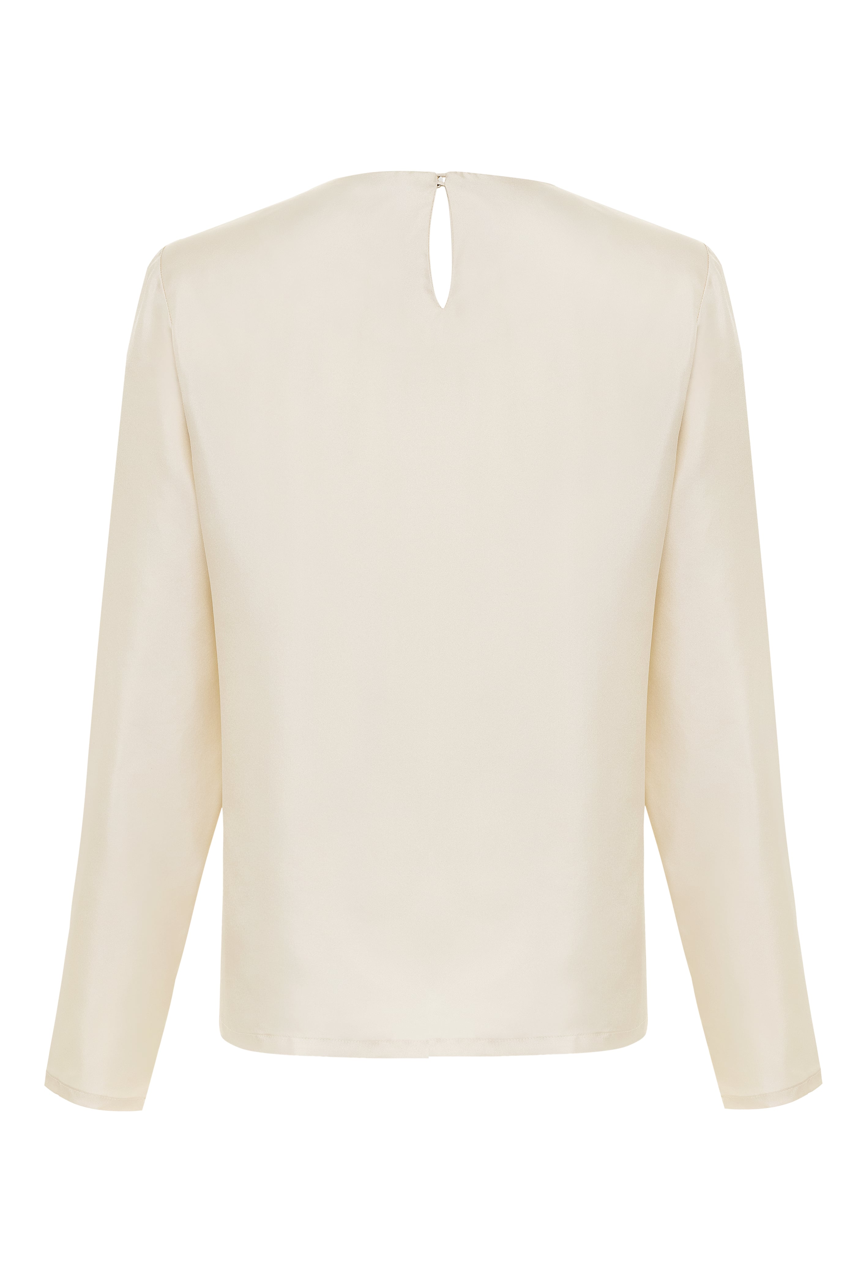Choya top in Bone — lustrous silk twill, relaxed fit, long straight sleeves, pleated front details, flat lay front