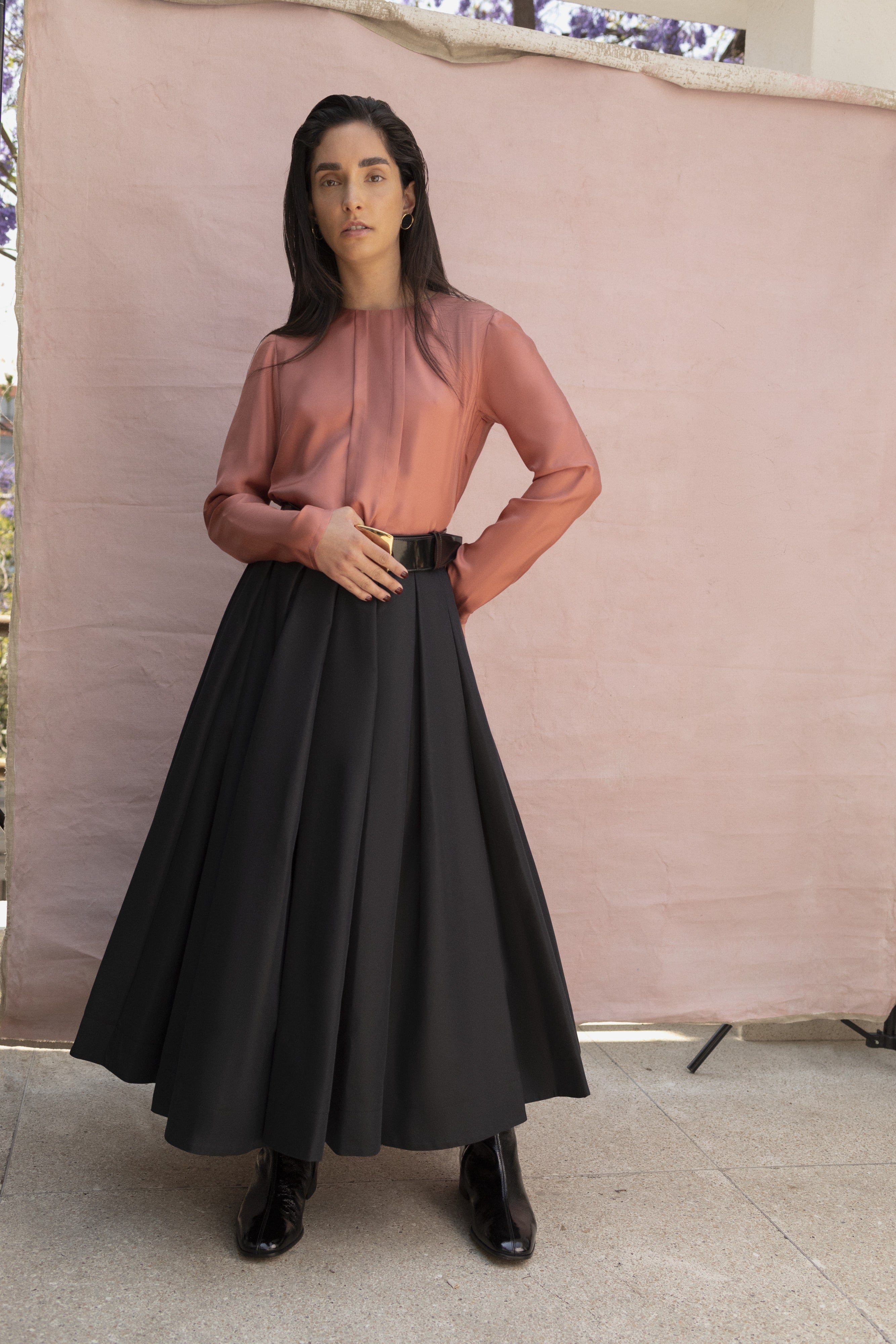 Choya top in Rose — lustrous silk twill, relaxed fit, long straight sleeves, pleated front details, full-length front view