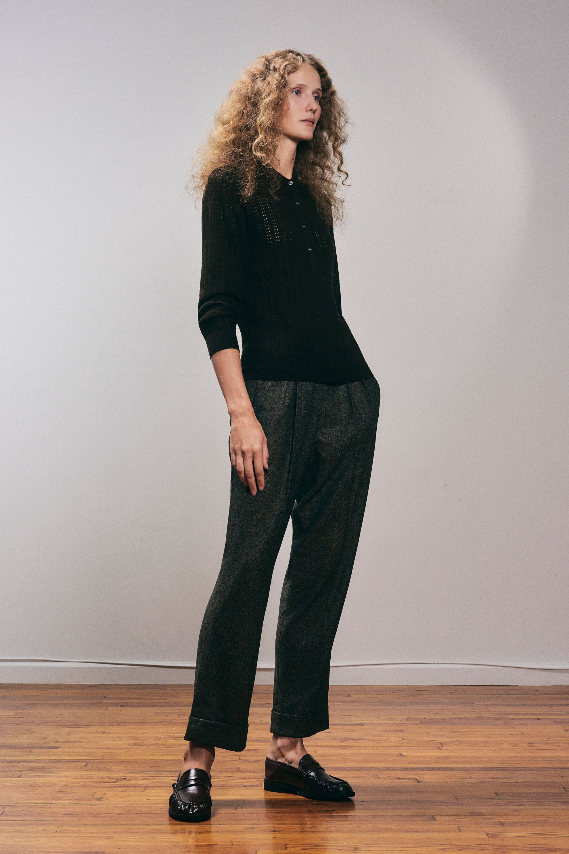 Dalia knit polo in Cacao — Extrafine Merino wool and silk blend, openwork pointelle knit, ribbed cuffs, narrow ribbed hem, classic polo silhouette