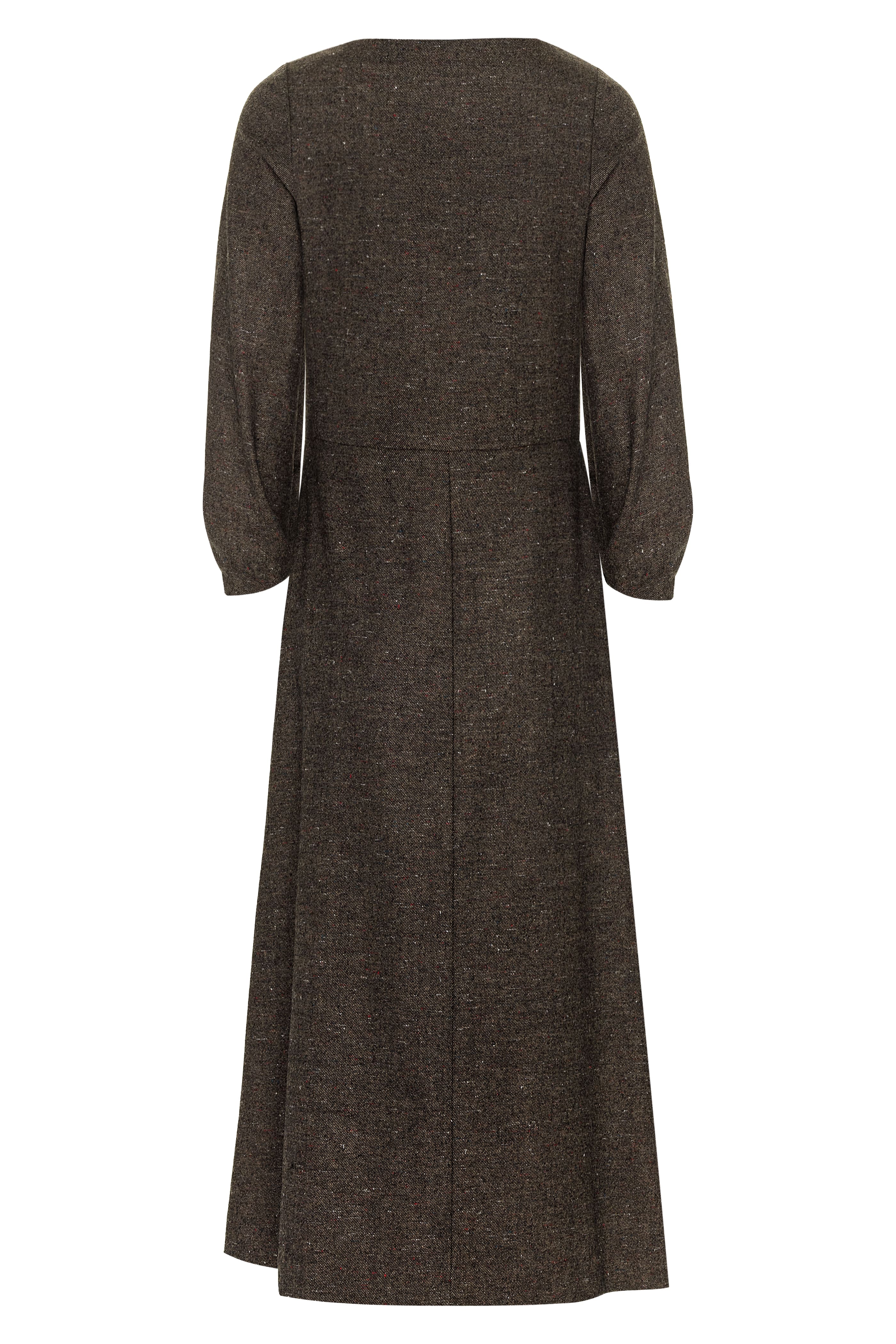 Guayacan dress in Speckled Truffle — Japanese lightweight wool viscose, seamed natural waist, sculpted three-quarter sleeves, vintage-inspired buttons, button-front closure, above-ankle length, silk-lined body and skirt 