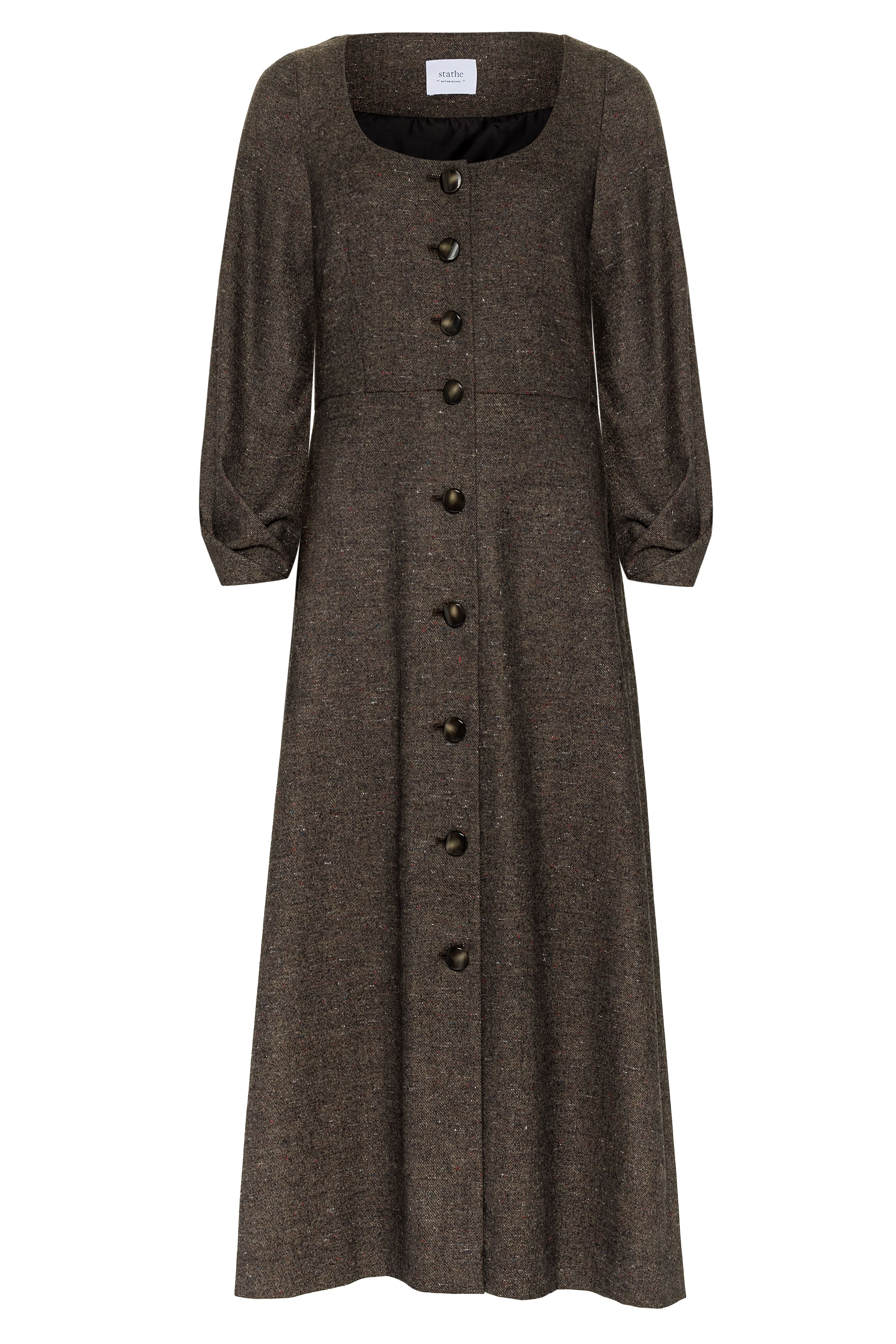 Guayacan dress in Speckled Truffle — Japanese lightweight wool viscose, seamed natural waist, sculpted three-quarter sleeves, vintage-inspired buttons, button-front closure, above-ankle length, silk-lined body and skirt 
