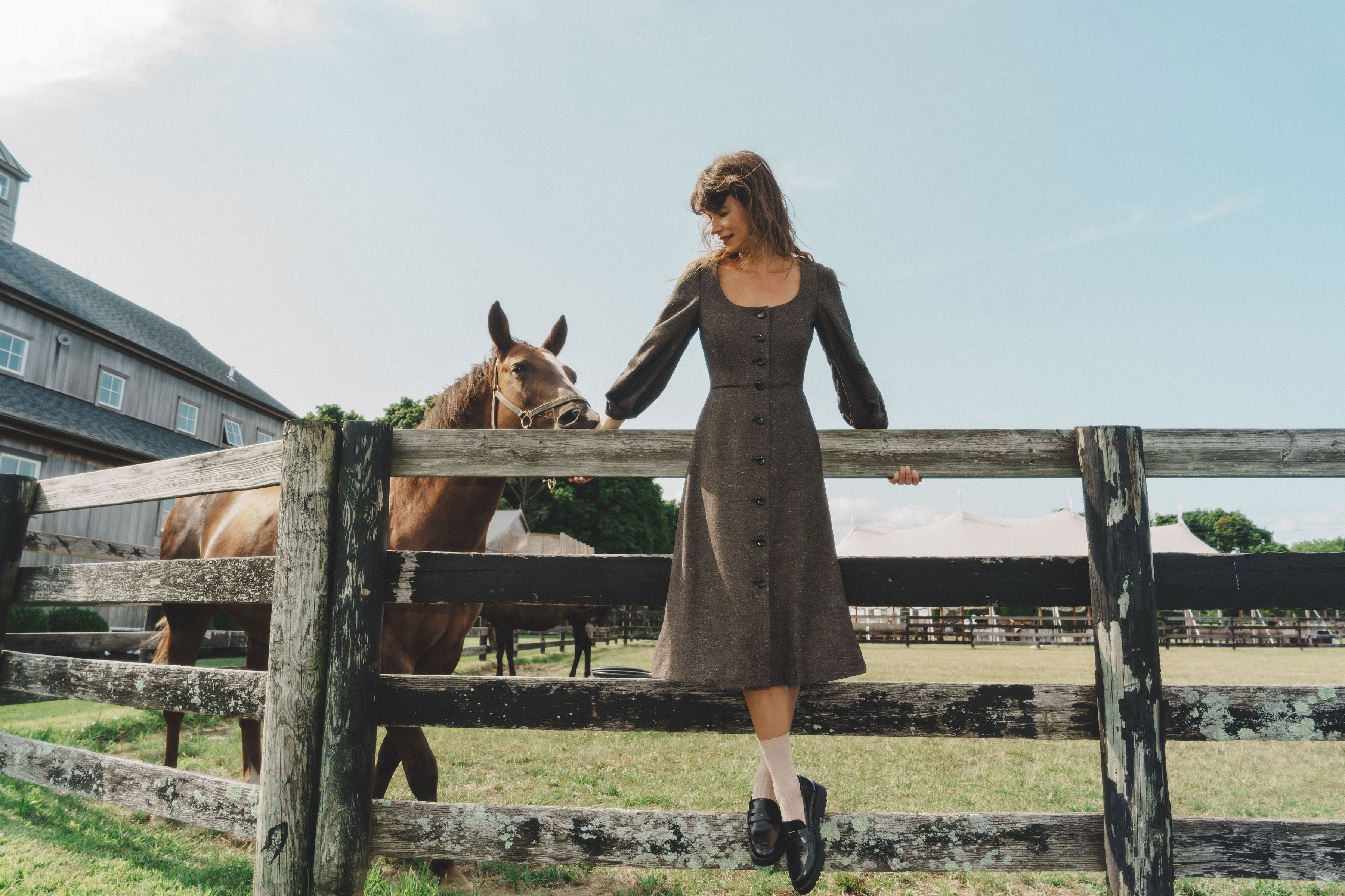 Guayacan dress in Speckled Truffle — Japanese lightweight wool viscose, seamed natural waist, sculpted three-quarter sleeves, vintage-inspired buttons, button-front closure, above-ankle length, silk-lined body and skirt 