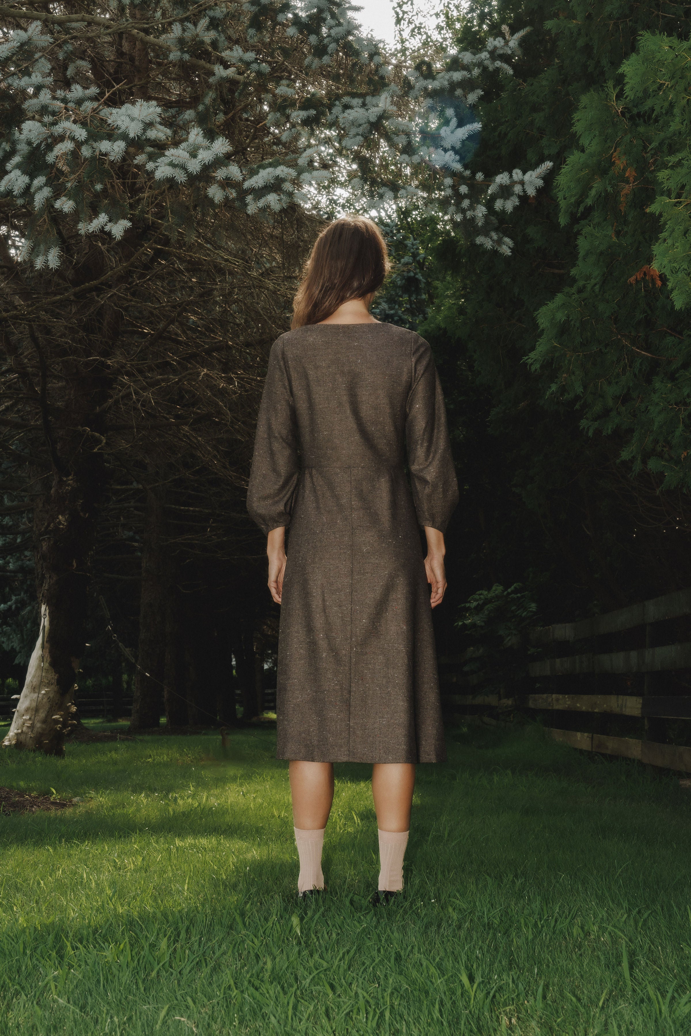 Guayacan dress in Speckled Truffle — Japanese lightweight wool viscose, seamed natural waist, sculpted three-quarter sleeves, vintage-inspired buttons, button-front closure, above-ankle length, silk-lined body and skirt 