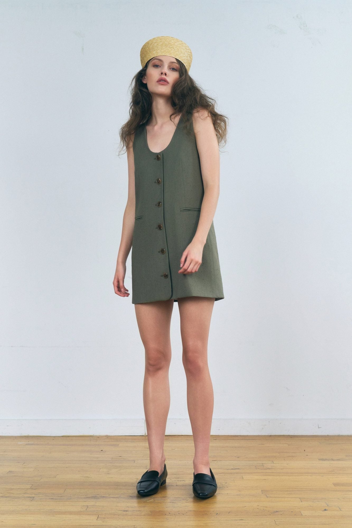 Stathe Malva Dress in Smoked Olive — full-length front view