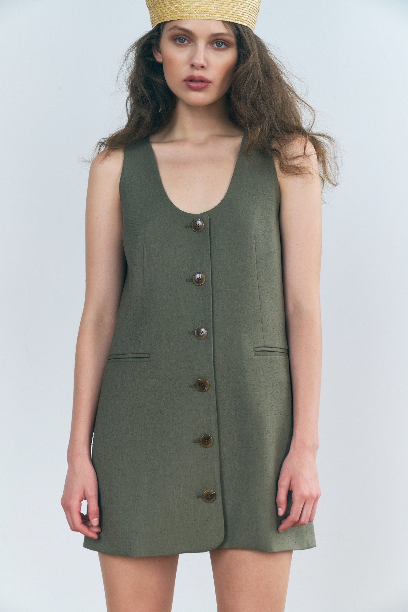 Stathe Malva Dress in Smoked Olive — sleeveless button-front mini, front view
