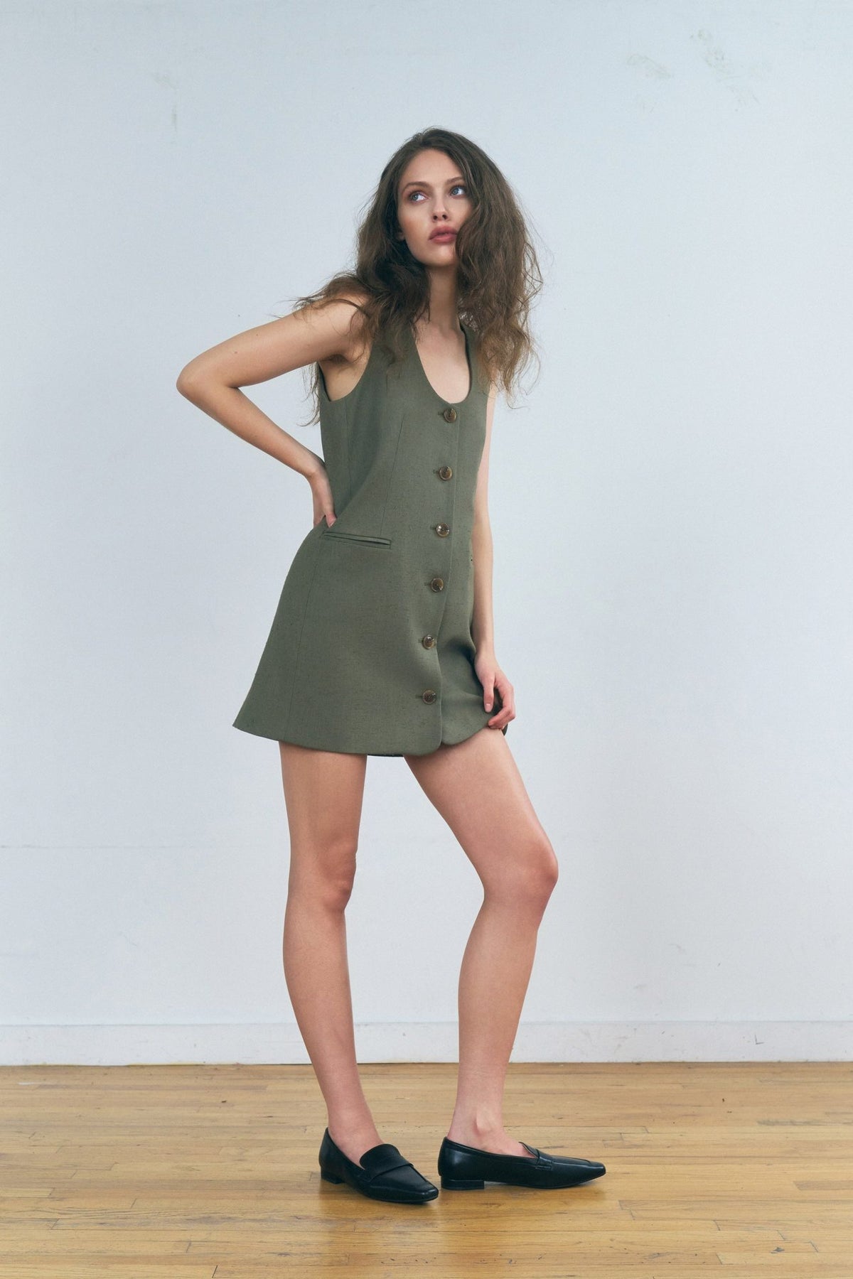 Stathe Malva Dress in Smoked Olive — three-quarter view
