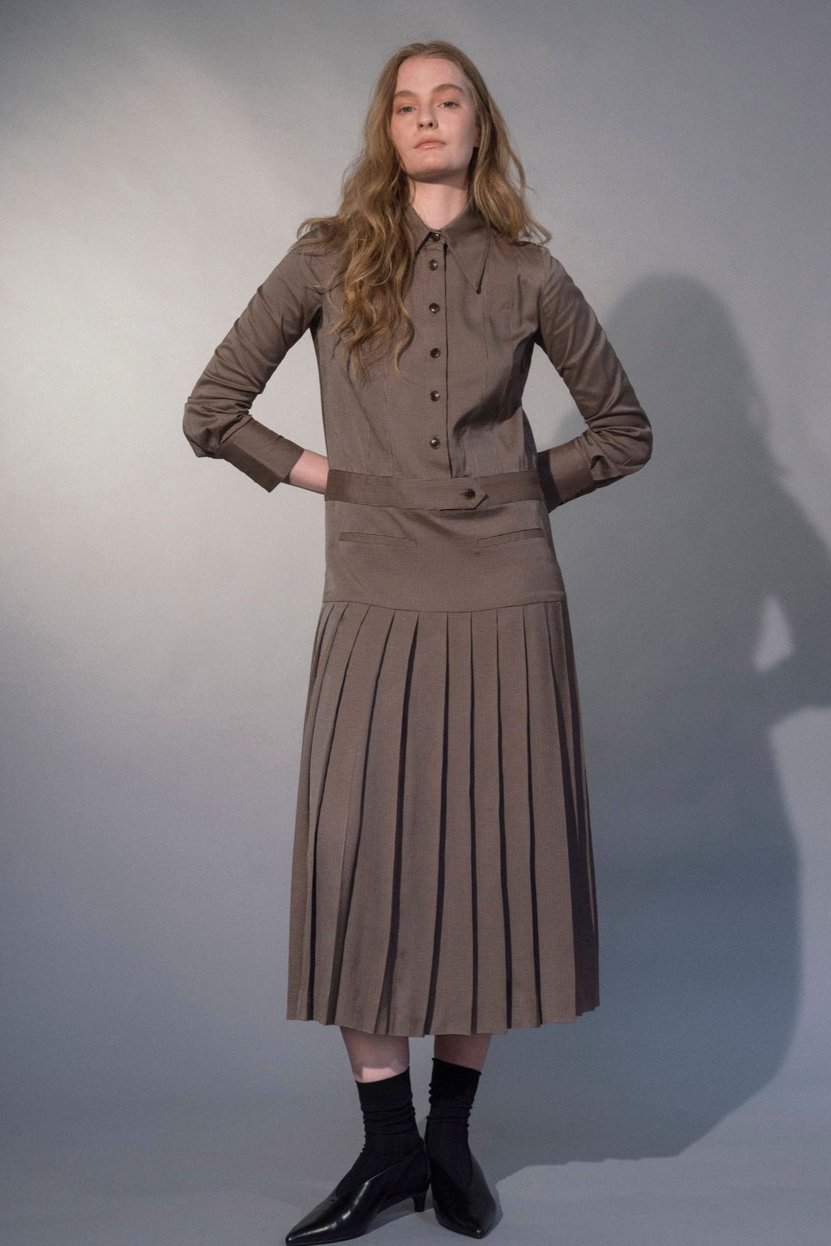 Stathe Mezquite Dress in Mushroom — front view