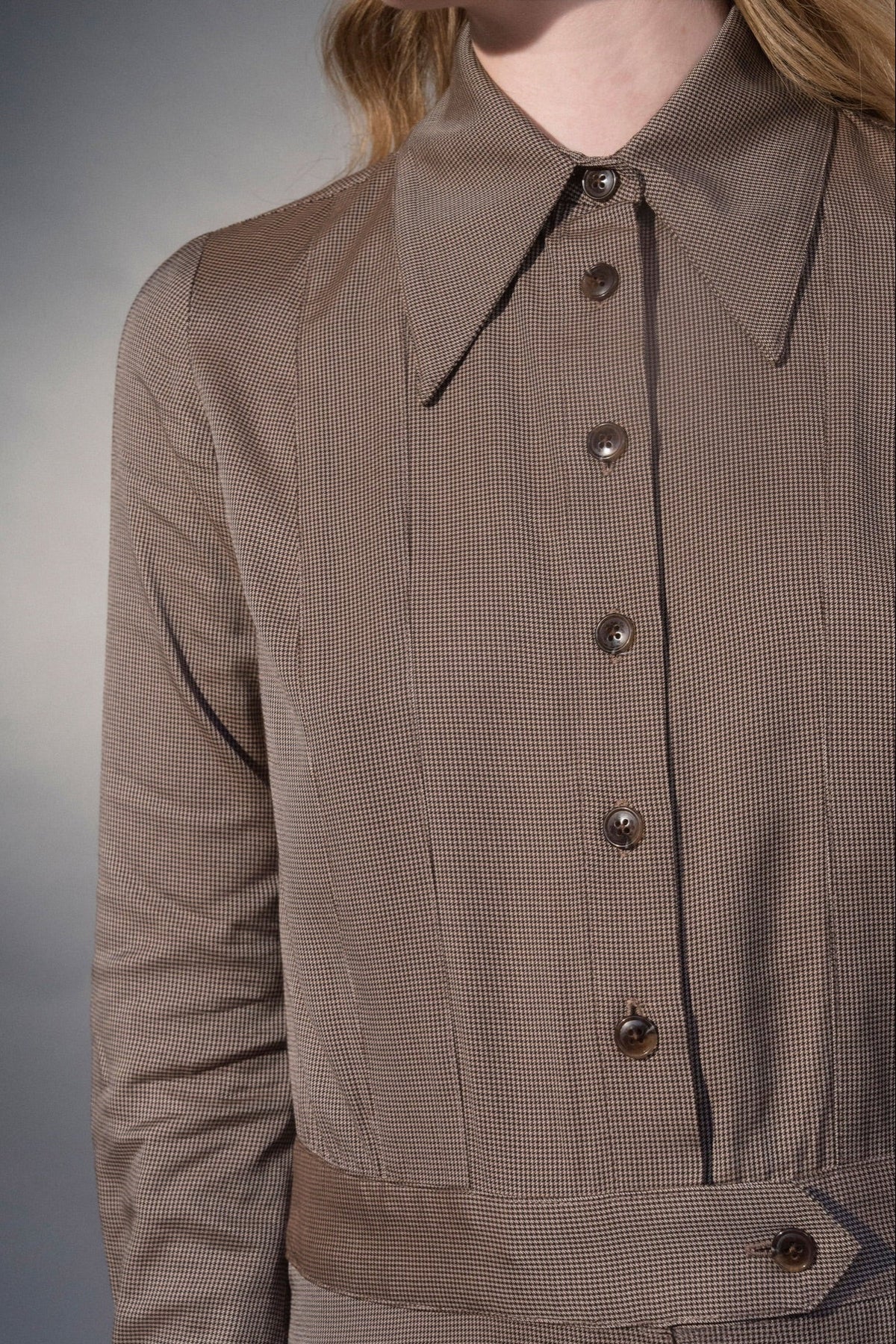 Stathe Mezquite Dress in Mushroom — placket and waistband tab detail