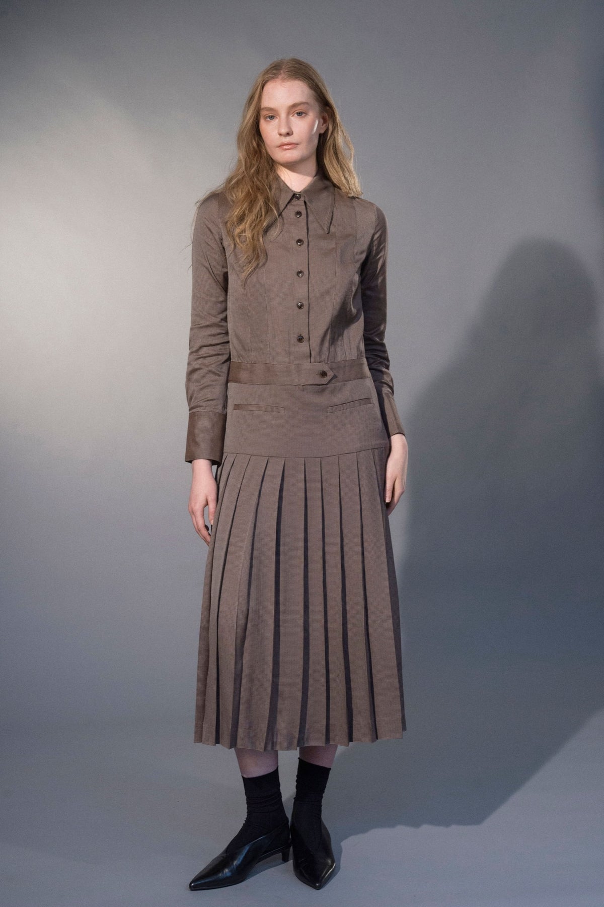 Stathe Mezquite Dress in Mushroom — full-length front view