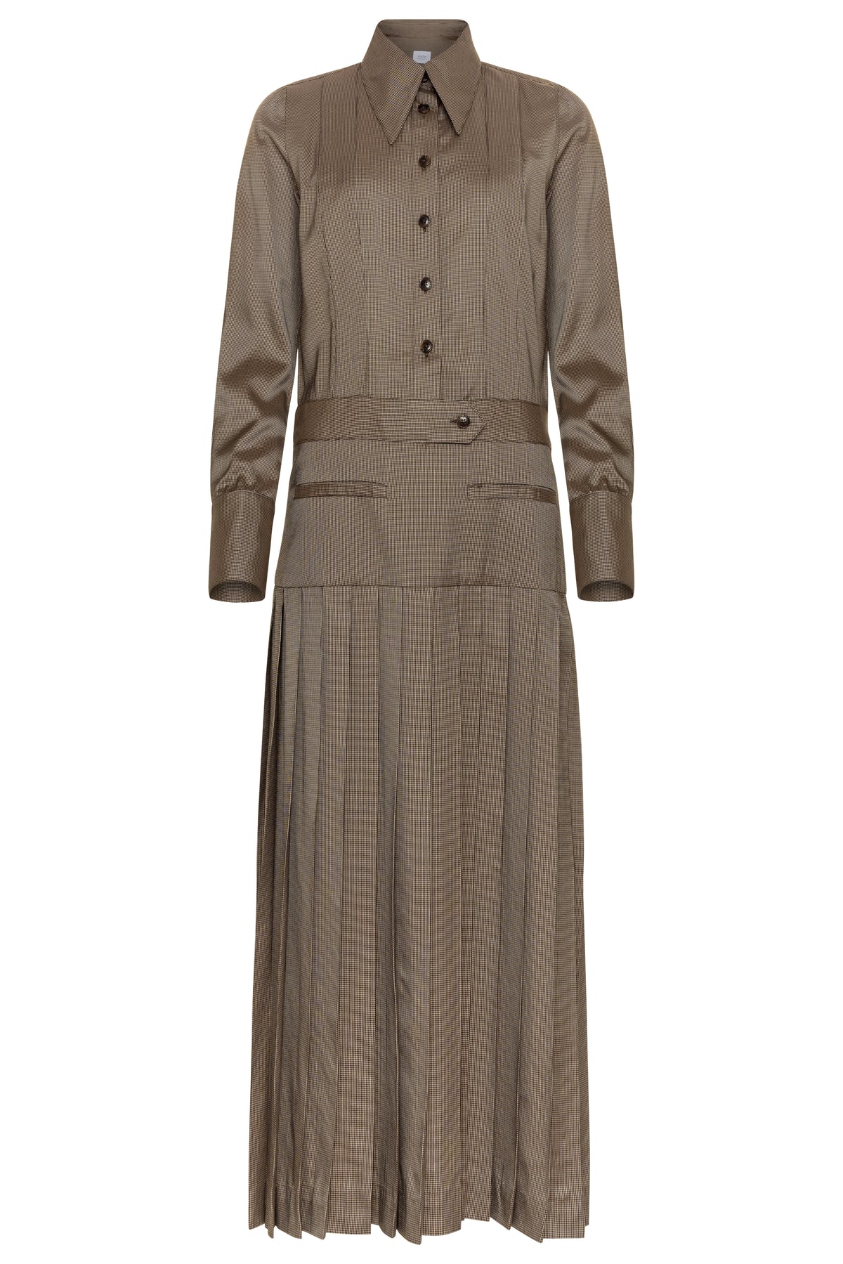 Stathe Mezquite Dress in Mushroom — shirt bodice, pleated skirt, product view, front