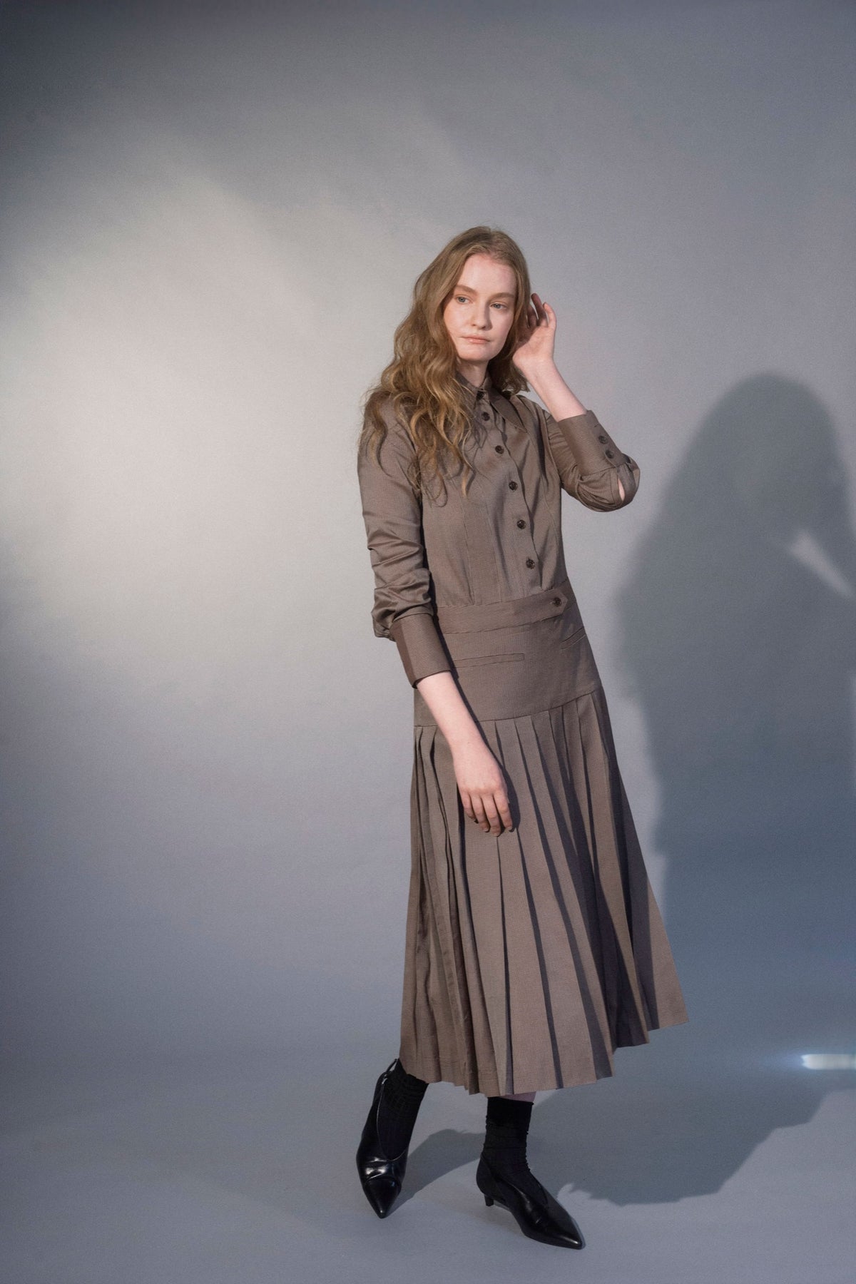 Stathe Mezquite Dress in Mushroom — three-quarter view