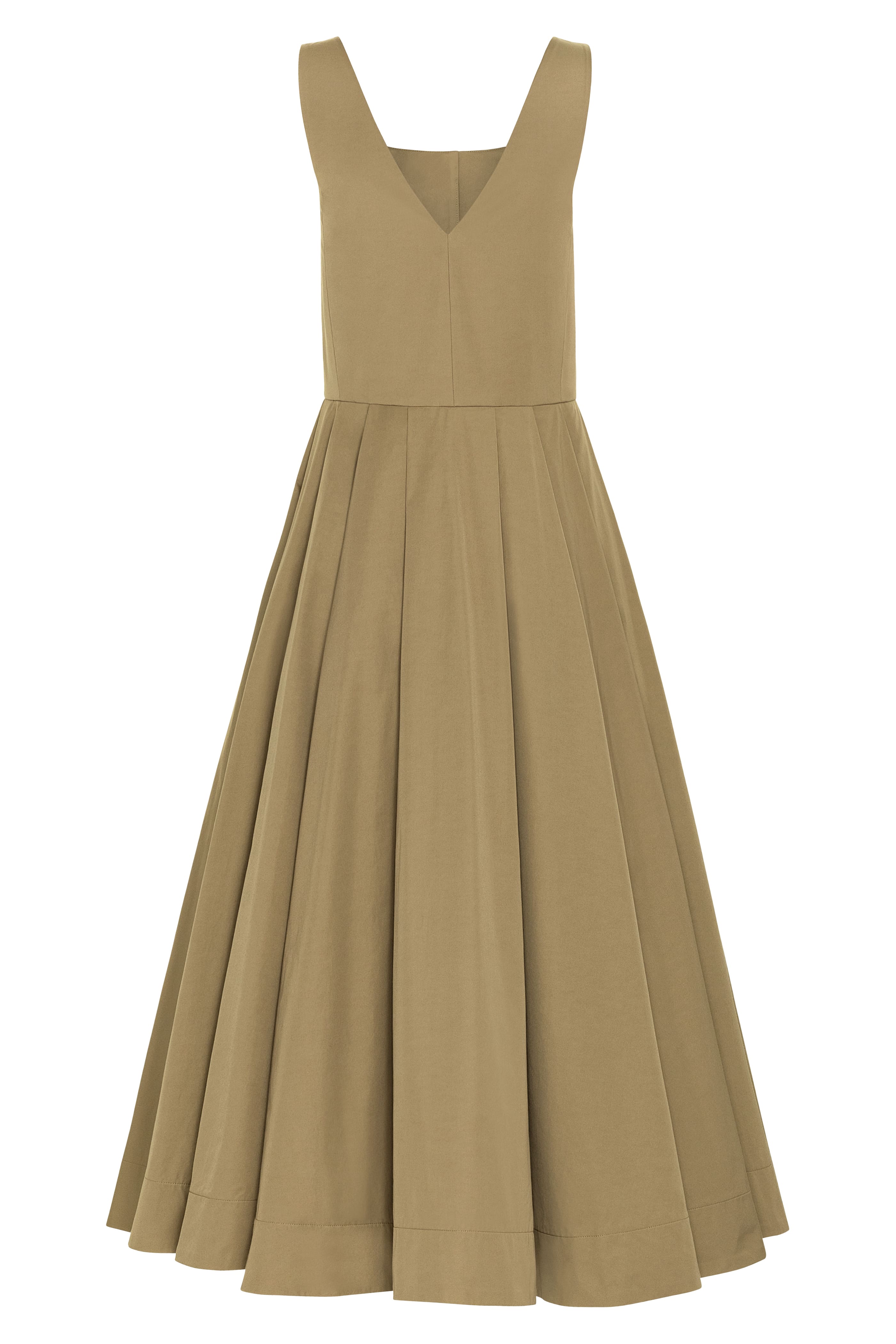 Ocotillo dress in Trench — cotton blend, button-front closure, emphasizes natural waist, above-ankle length, hidden pockets, flat lay back