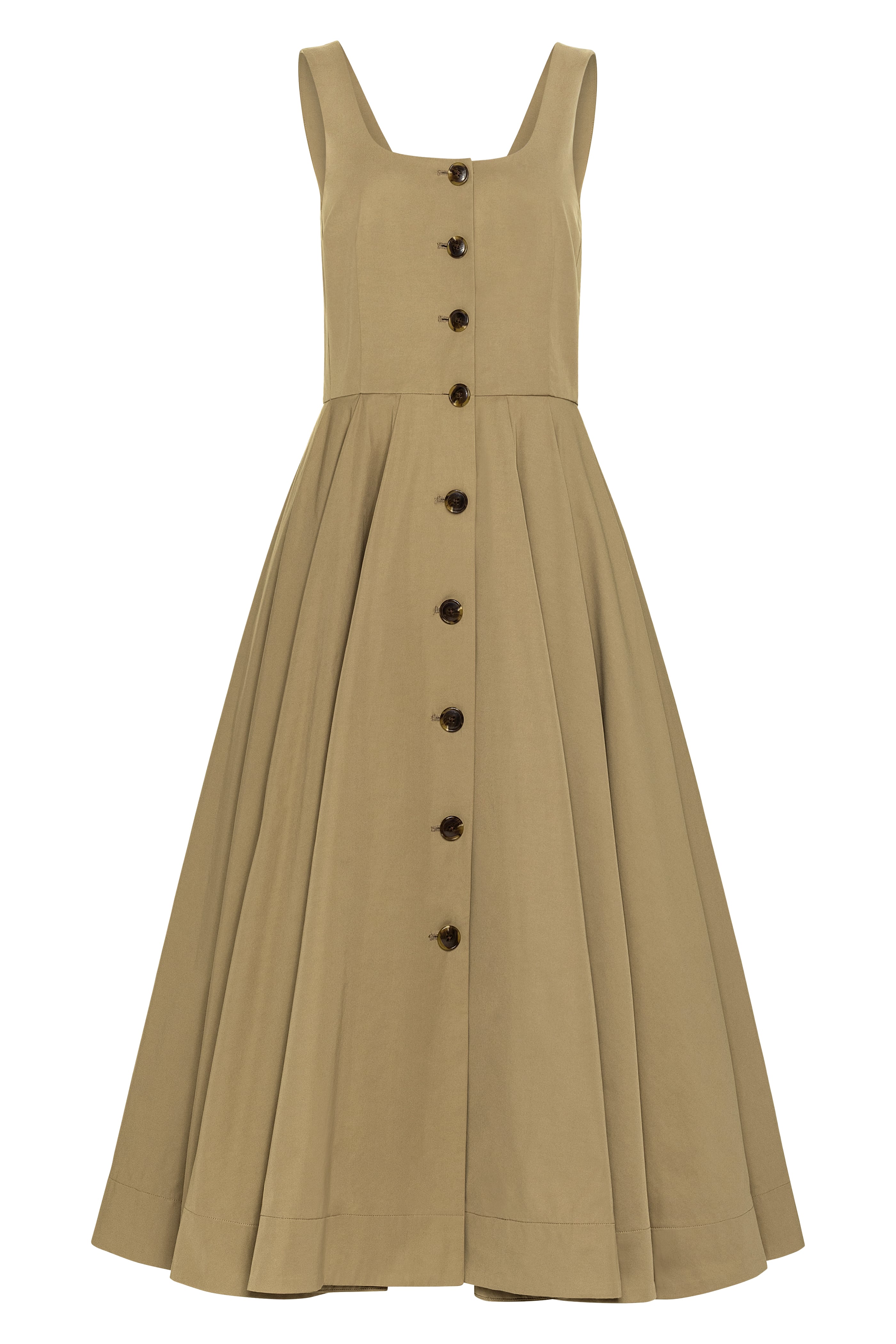 Ocotillo dress in Trench — cotton blend, button-front closure, emphasizes natural waist, above-ankle length, hidden pockets, flat lay front