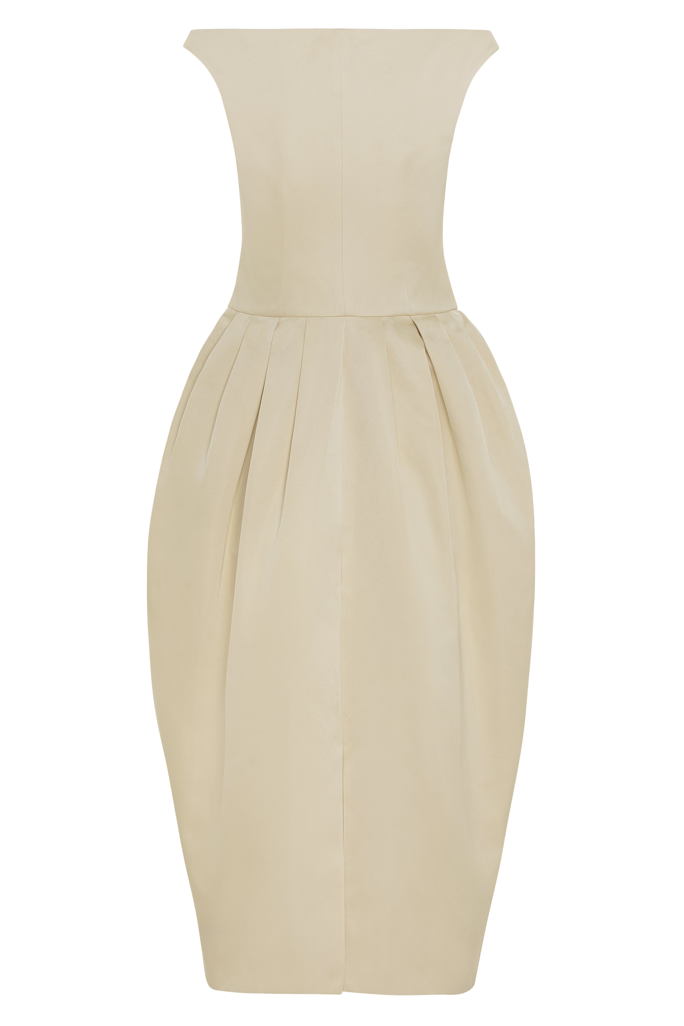 Piloncillo Dress in Ivory — buttery matte duchesse satin, off-the-shoulder design, pintucks at natural waist, below-knee length, back slit, hidden pockets, concealed side zip, flat lay back