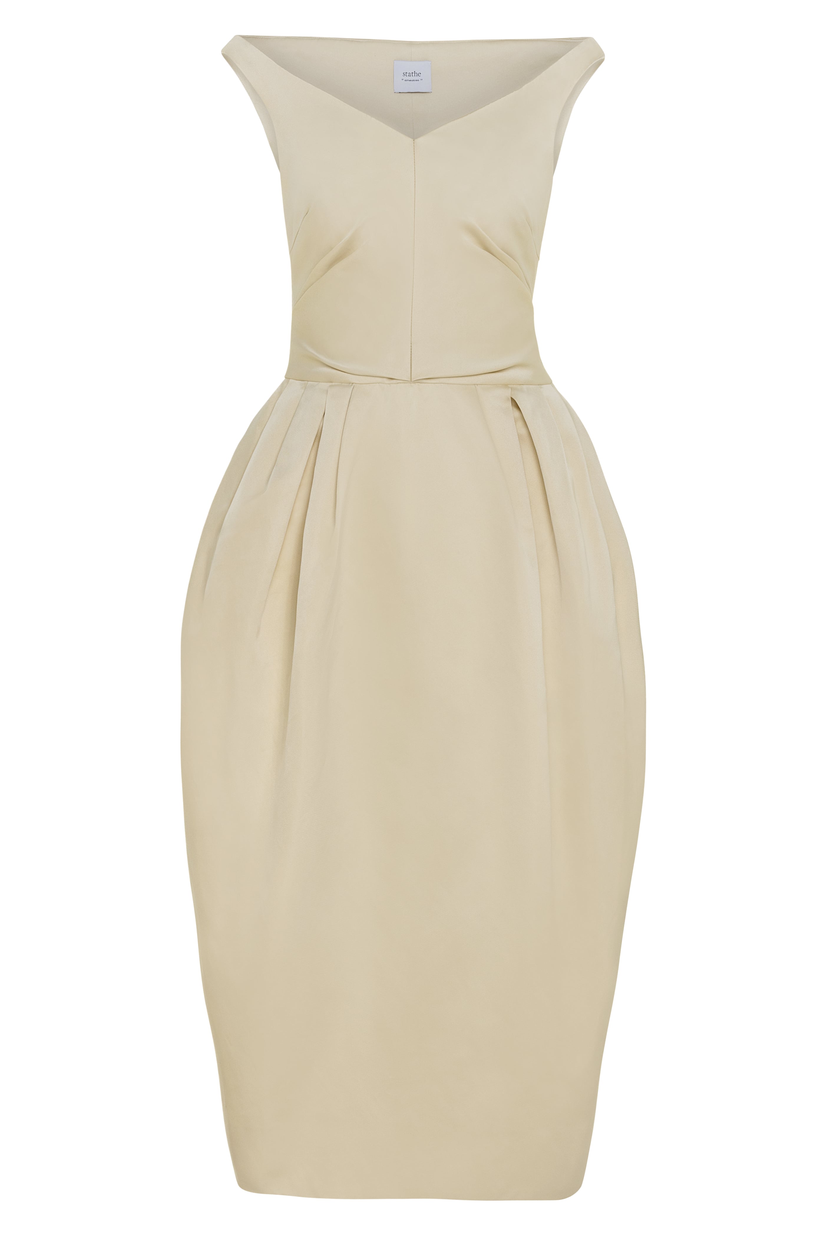 Piloncillo Dress in Ivory — buttery matte duchesse satin, off-the-shoulder design, pintucks at natural waist, below-knee length, back slit, hidden pockets, concealed side zip, flat lay front