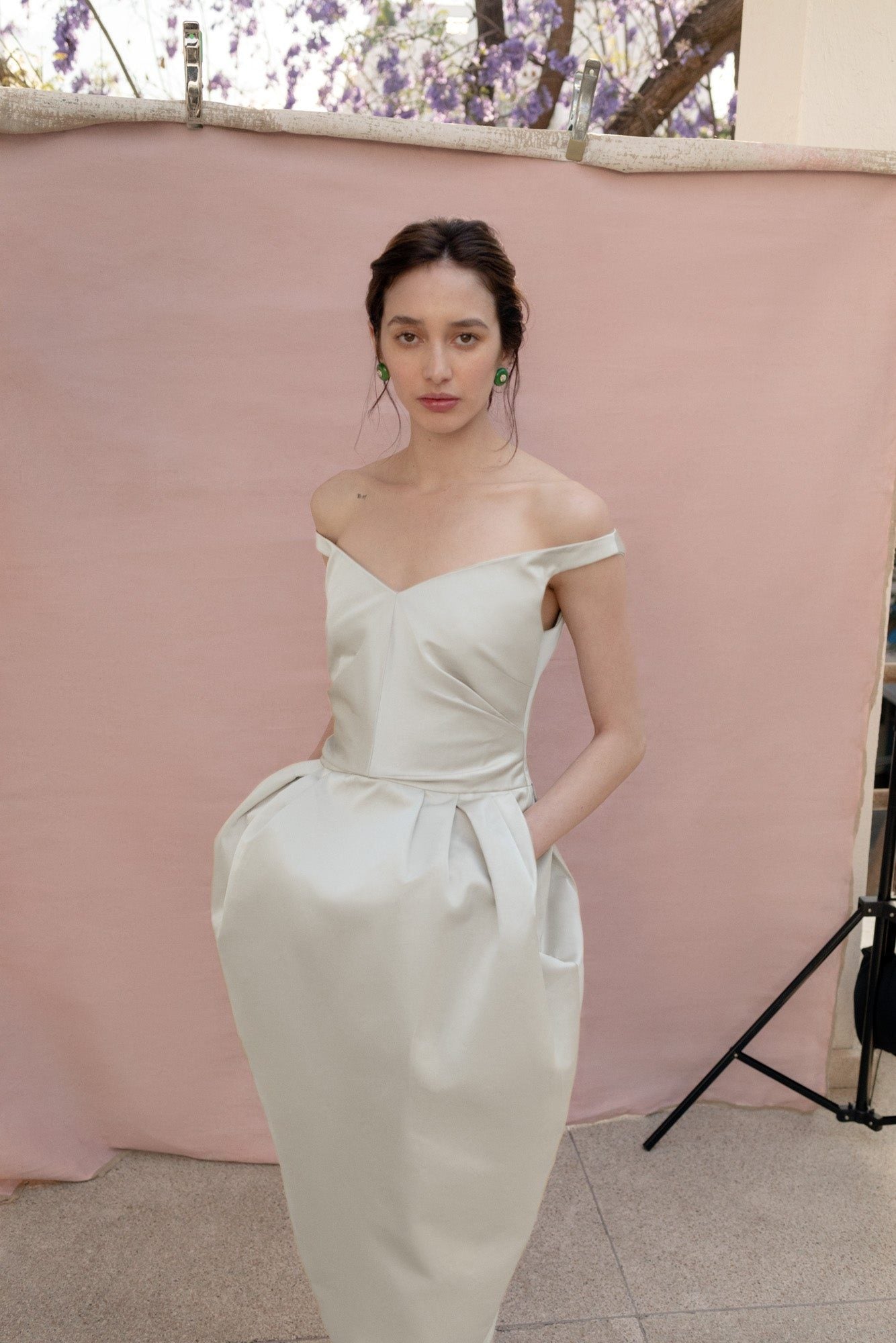 Woman wearing the Stathe Piloncillo Dress in Butter — editorial