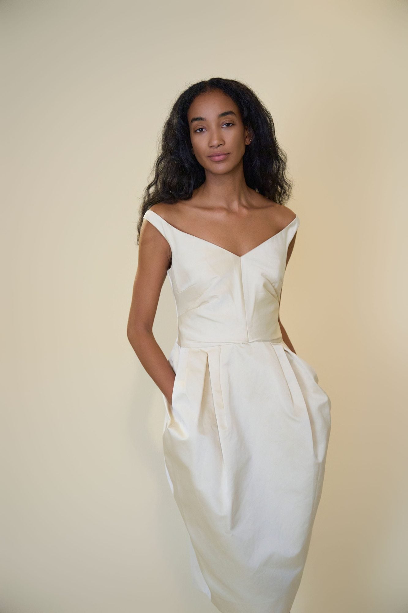 Stathe Piloncillo Dress in Butter — off-shoulder duchesse satin, front view