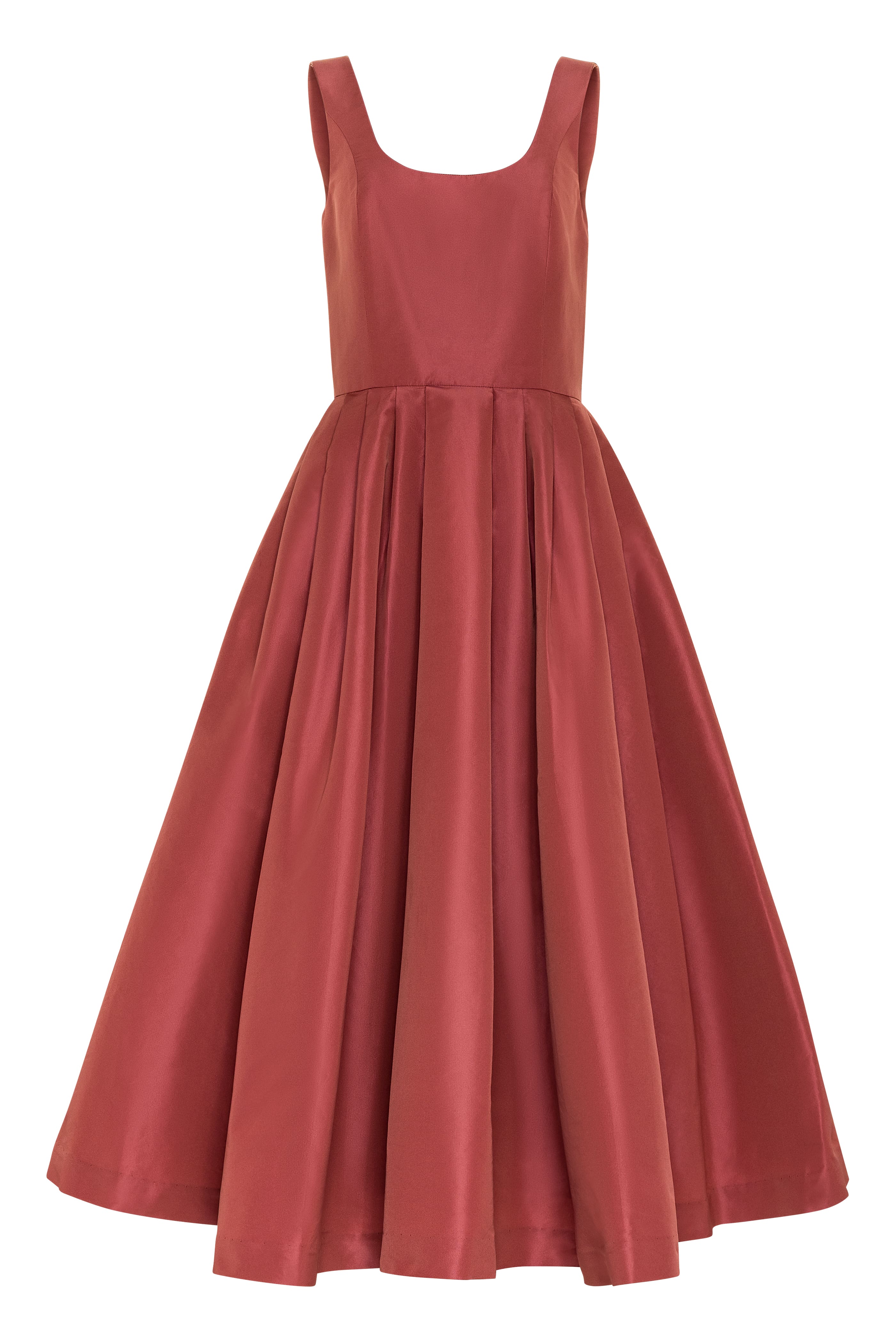 Pitahaya dress in Melograno — faille fabric, cowl back detail, full skirt above-ankle length, self-lined bodice, fully silk-lined skirt, hidden pockets, concealed side zip