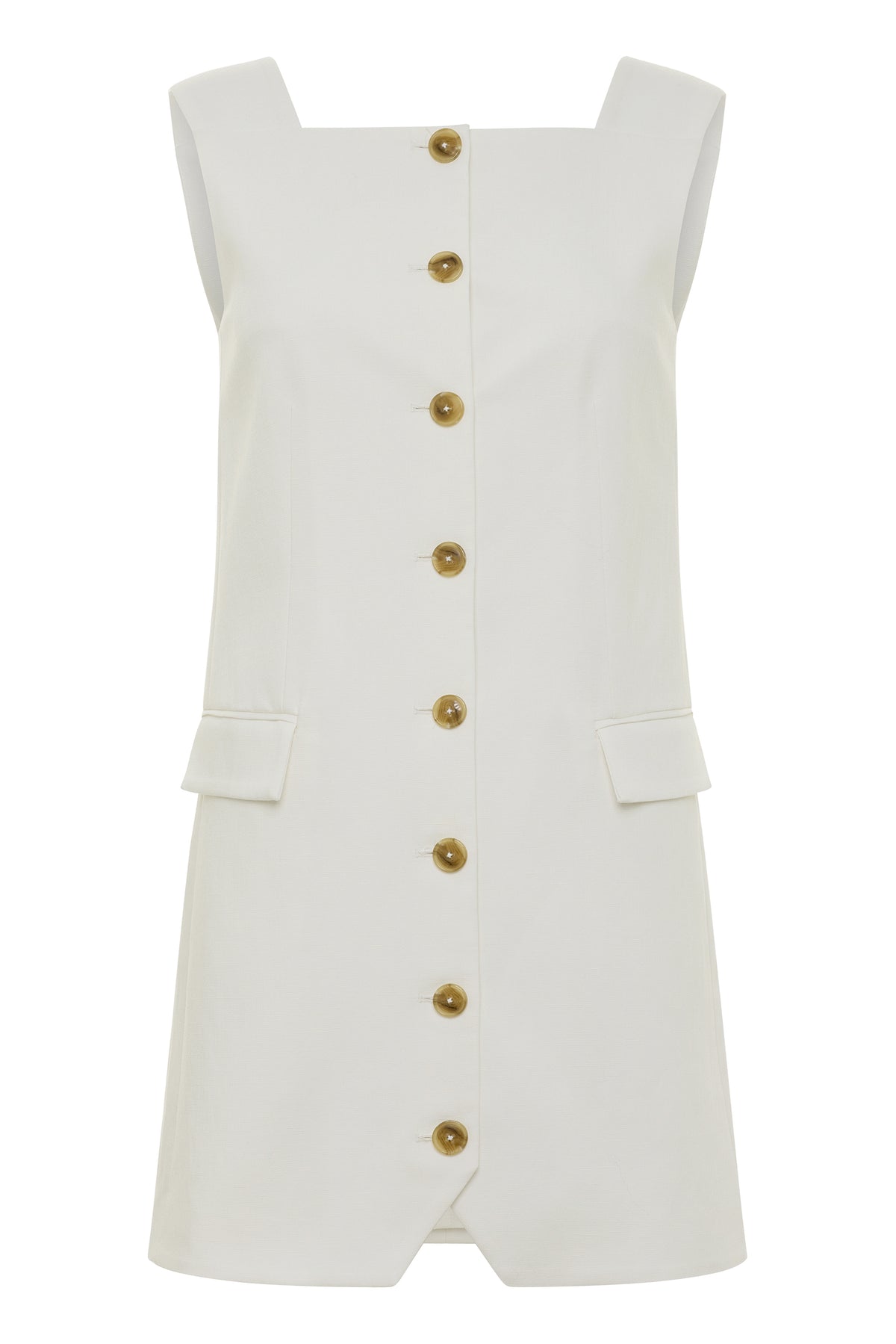 Saguaro dress in White — textured Japanese viscose linen blend with slight stretch, squared neckline below collarbone, horn-style front buttons, decorative pockets, silk lining, mini length, product view, front