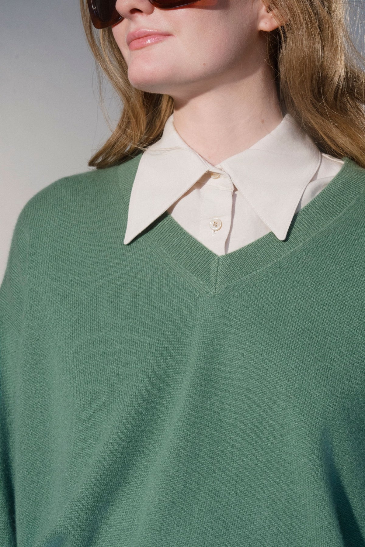 Stathe Salvia V-neck Sweater in Prep Green — V neckline close-up
