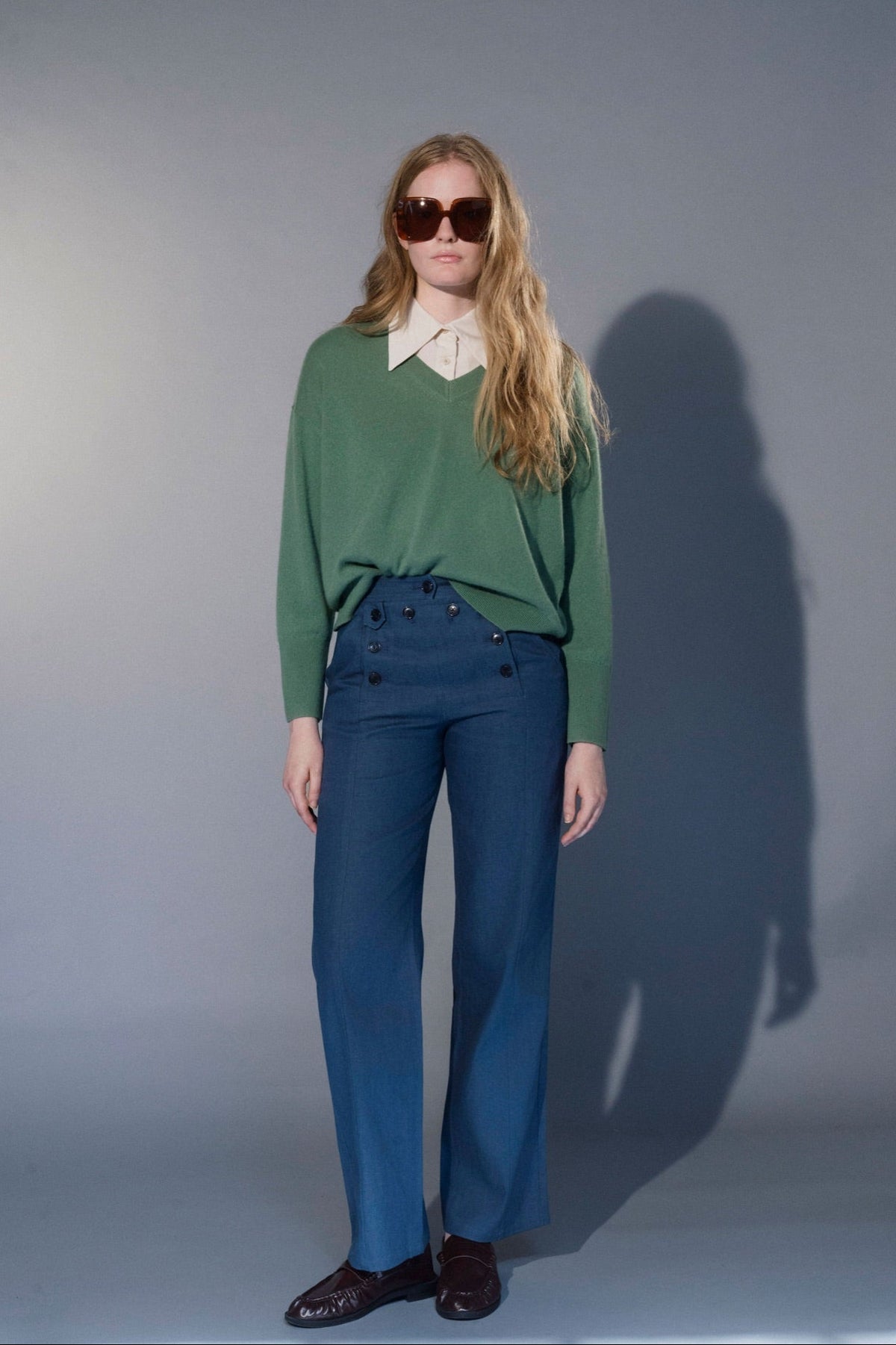 Stathe Salvia V-neck Sweater in Prep Green — full-length front view