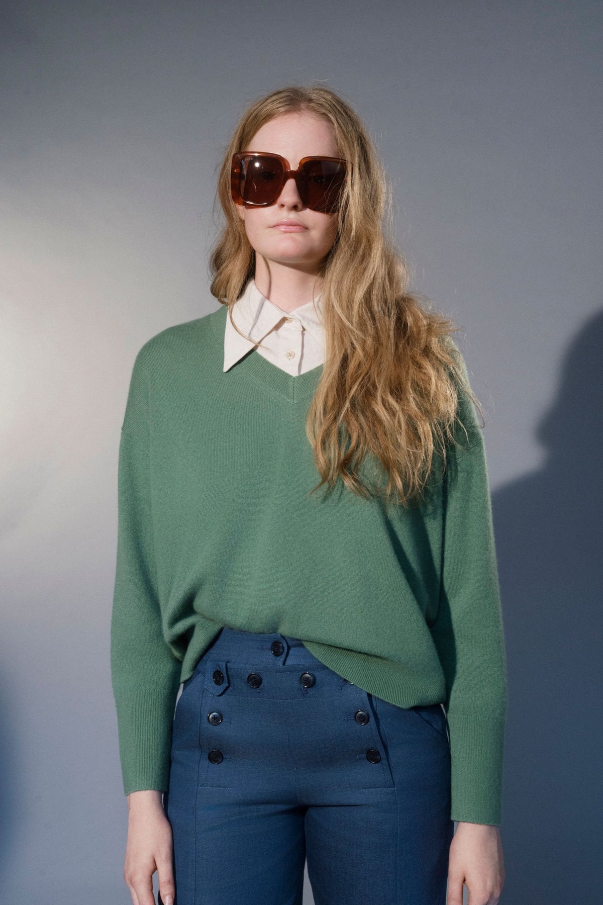 Stathe Salvia V-neck Sweater in Prep Green — dropped shoulder, V neckline, front view