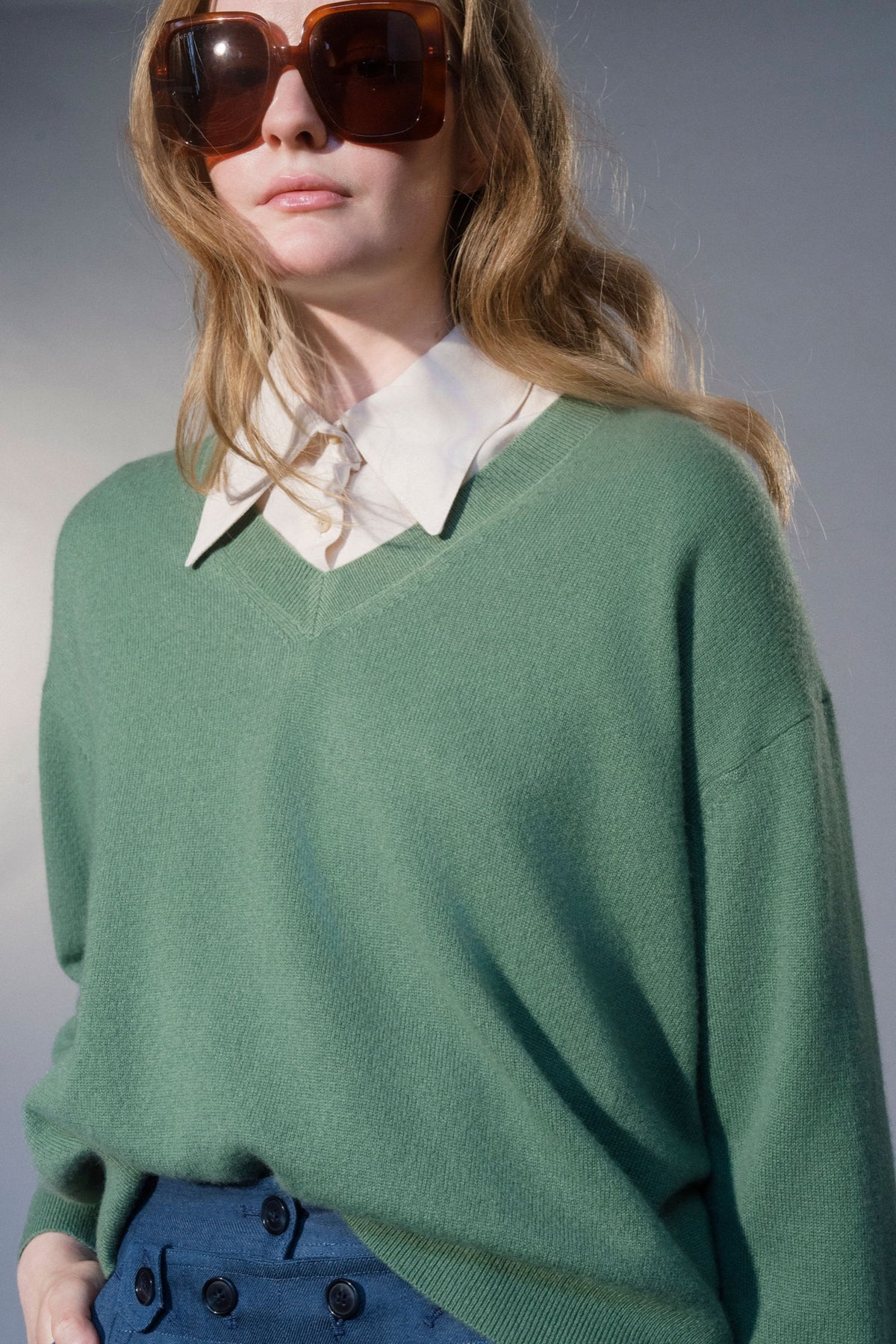Stathe Salvia V-neck Sweater in Prep Green — three-quarter view, alternate
