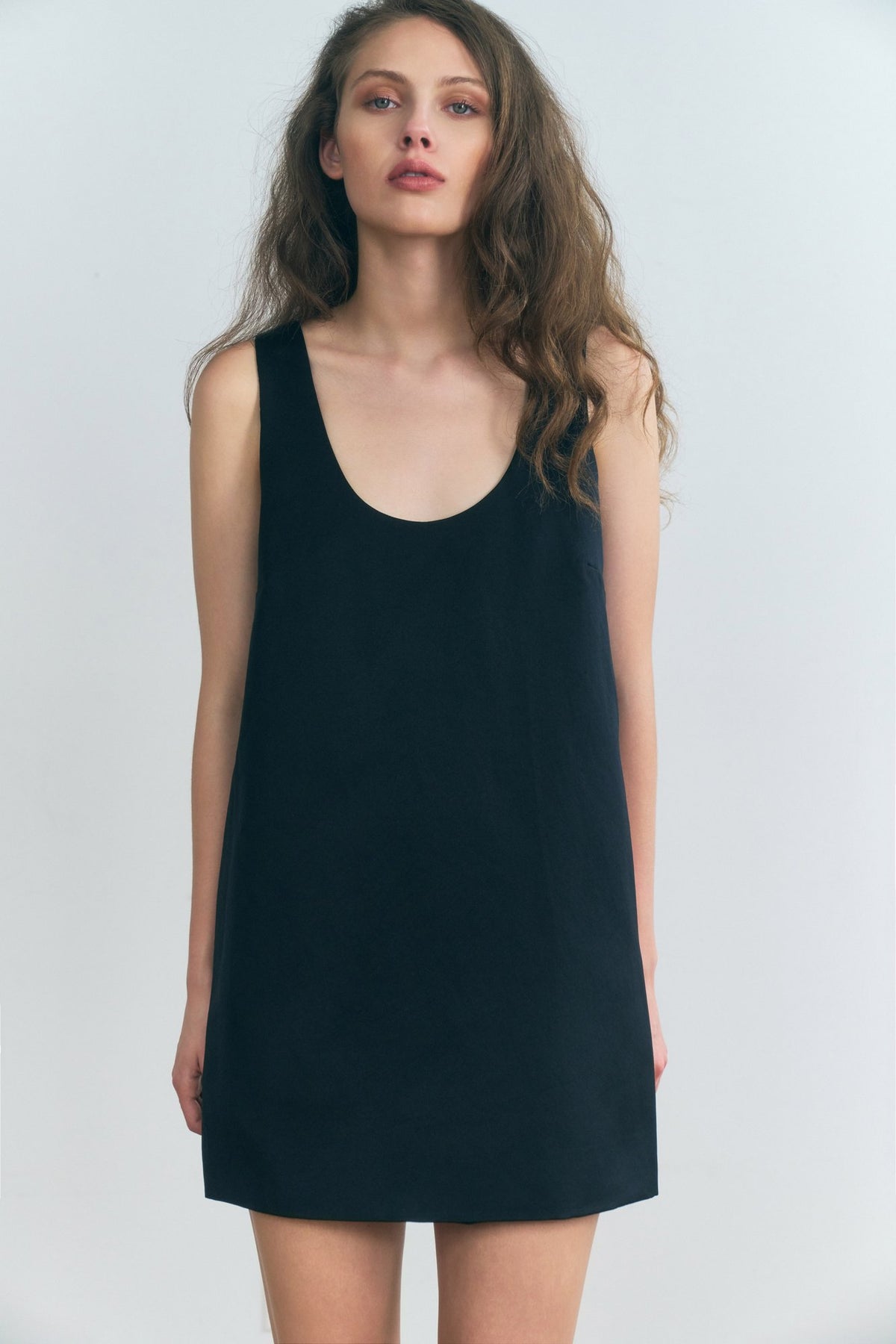 Stathe Tabachin Minidress in Black — Italian duchesse satin, front view