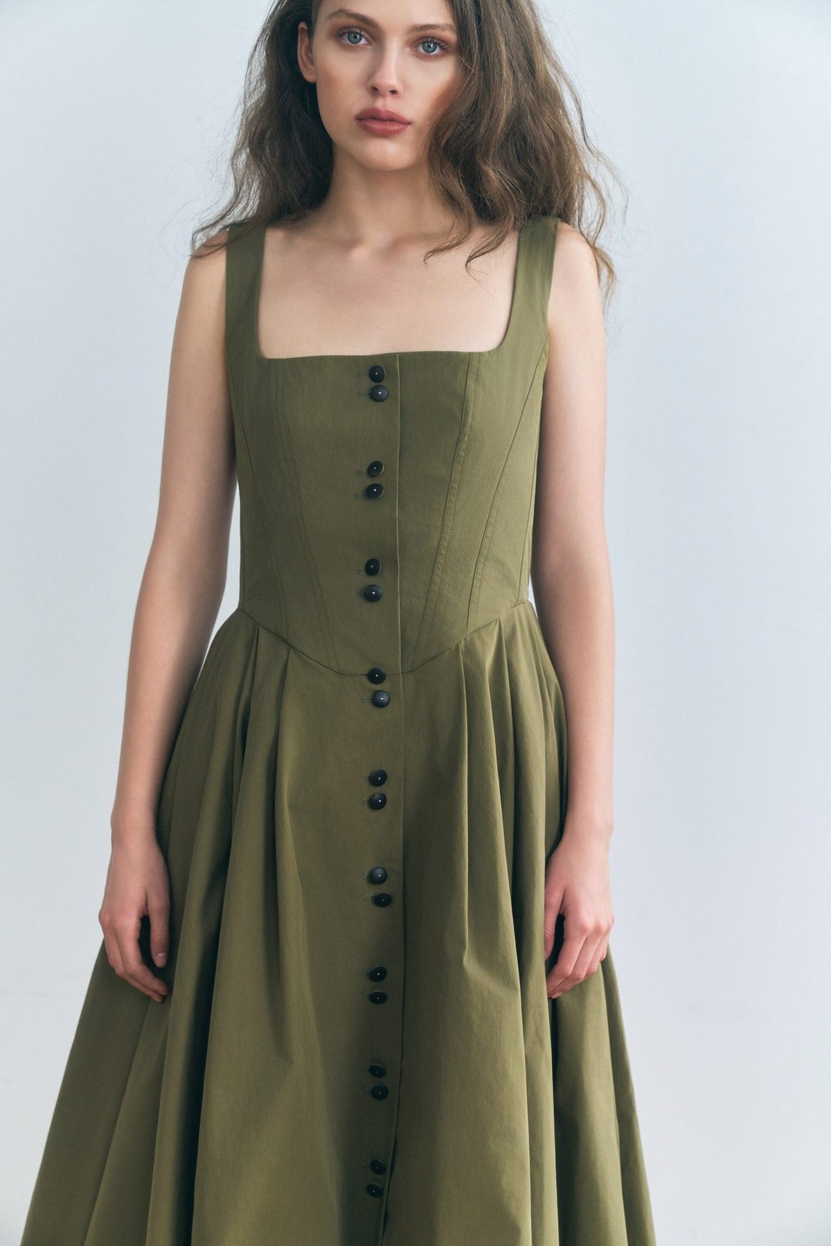 Stathe Toloache Dress in Mosswood — bustier bodice, front view