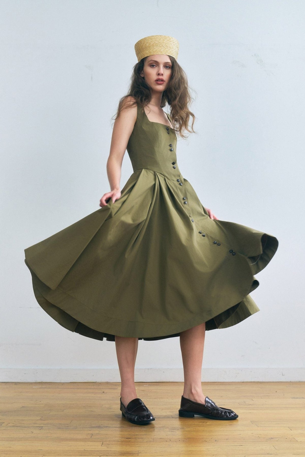 Stathe Toloache Dress in Mosswood — full A-line skirt in motion