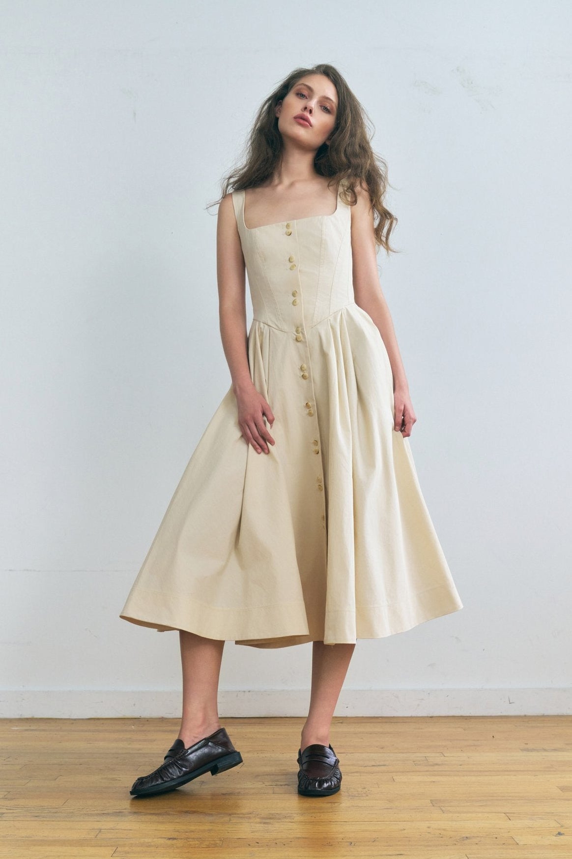 Stathe Toloache Dress in Powder — bustier bodice, full A-line skirt, front view