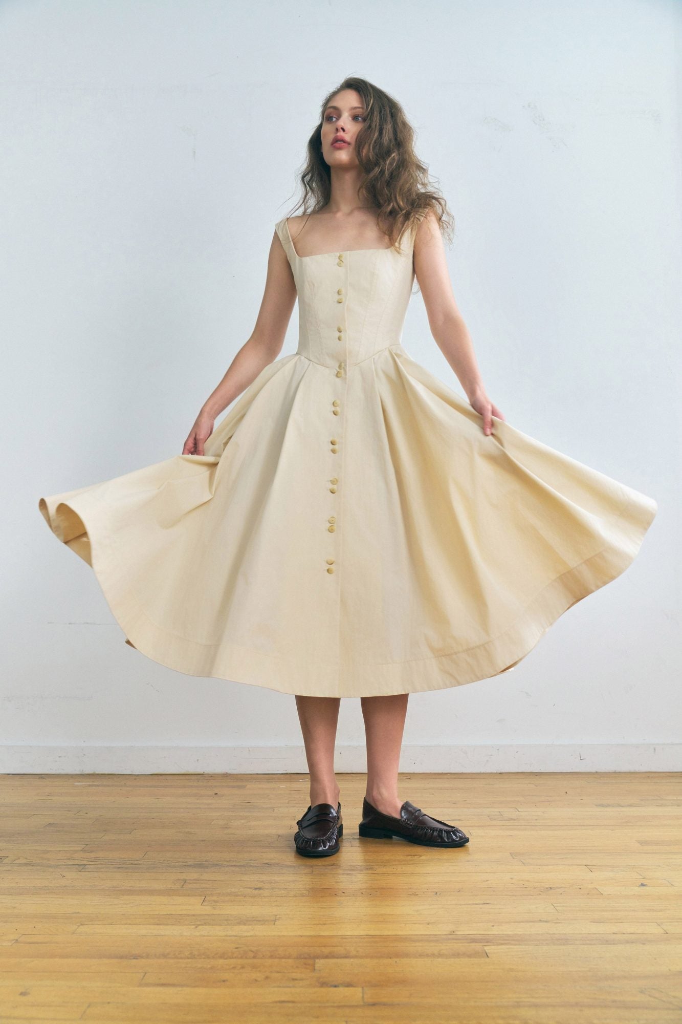 Stathe Toloache Dress in Powder — full A-line skirt in motion