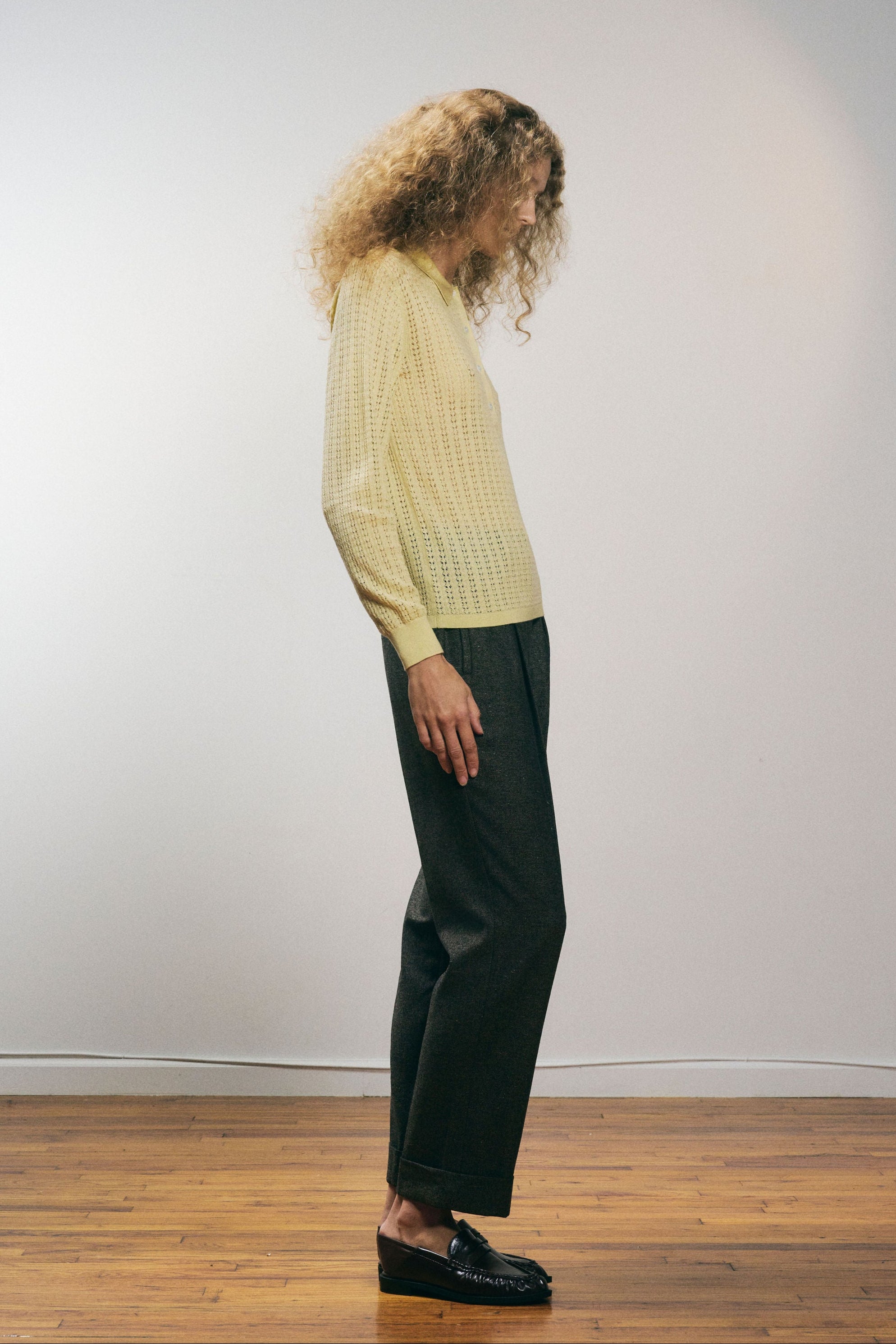 Torote Pants in Speckled Truffle — Japanese lightweight wool viscose, speckled tweed texture, 50's-inspired pleated silhouette, slightly tapered, cuffed hem, front hook and zip closure, back view