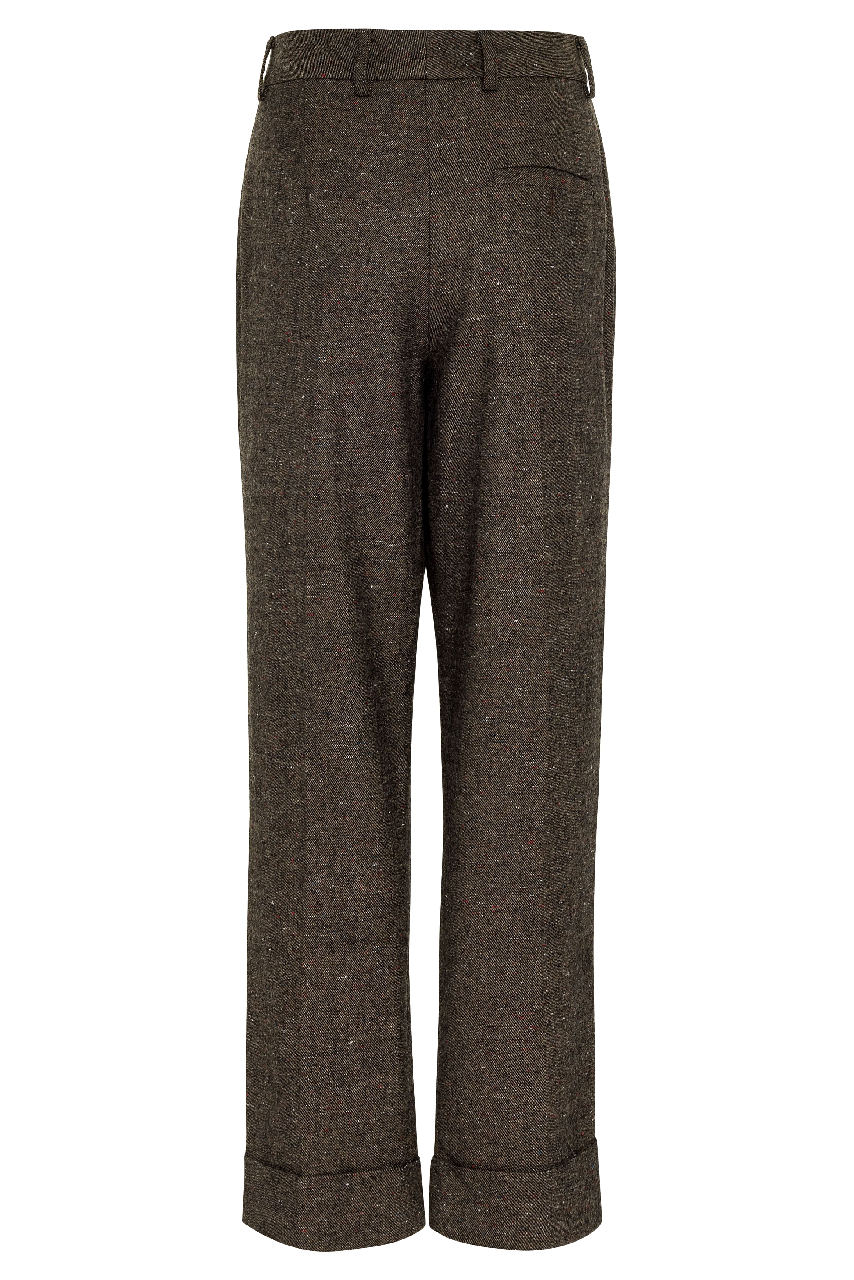 Torote Pants in Speckled Truffle — Japanese lightweight wool viscose, speckled tweed texture, 50's-inspired pleated silhouette, slightly tapered, cuffed hem, front hook and zip closure, flat lay back