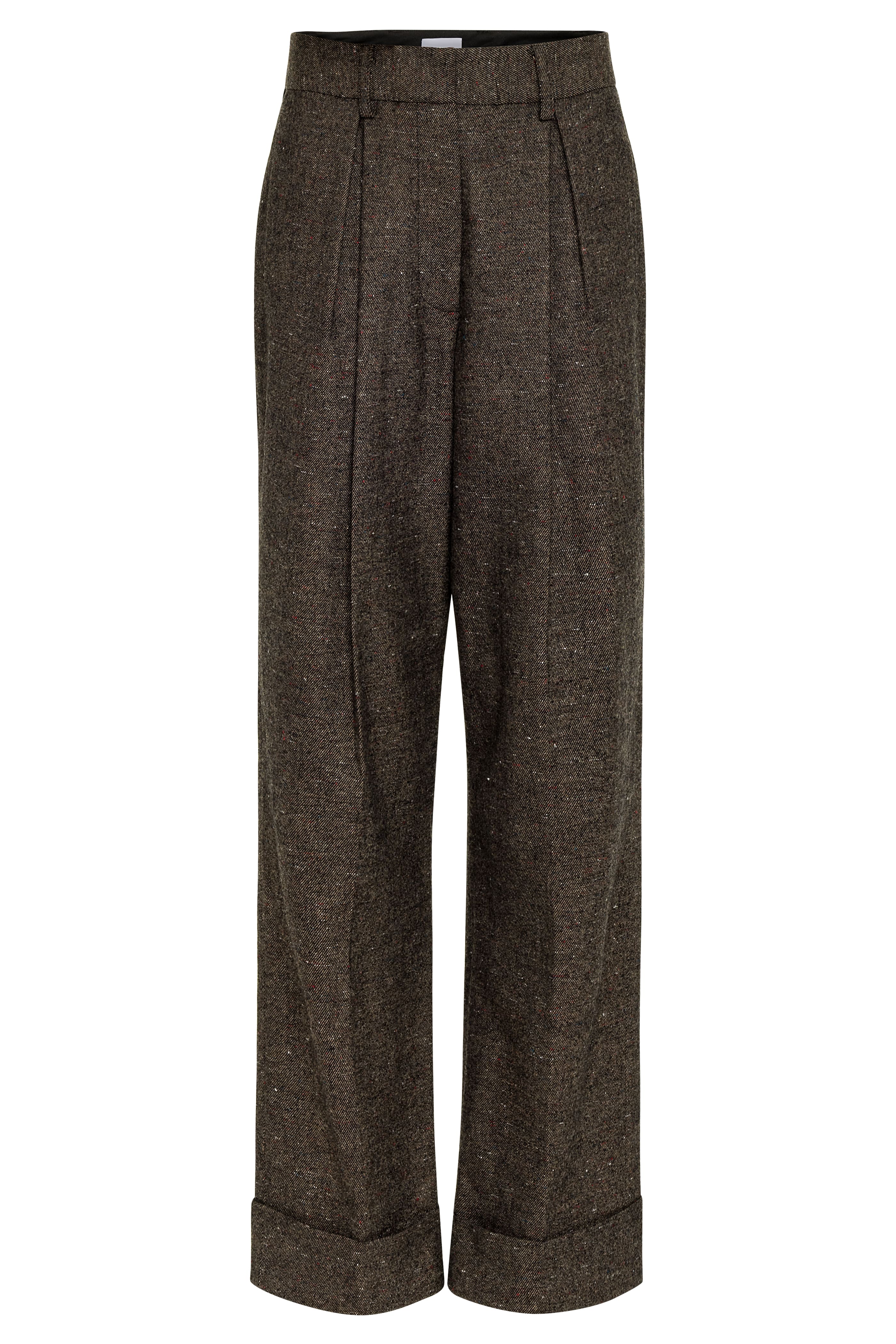 Torote Pants in Speckled Truffle — Japanese lightweight wool viscose, speckled tweed texture, 50's-inspired pleated silhouette, slightly tapered, cuffed hem, front hook and zip closure, flat lay front