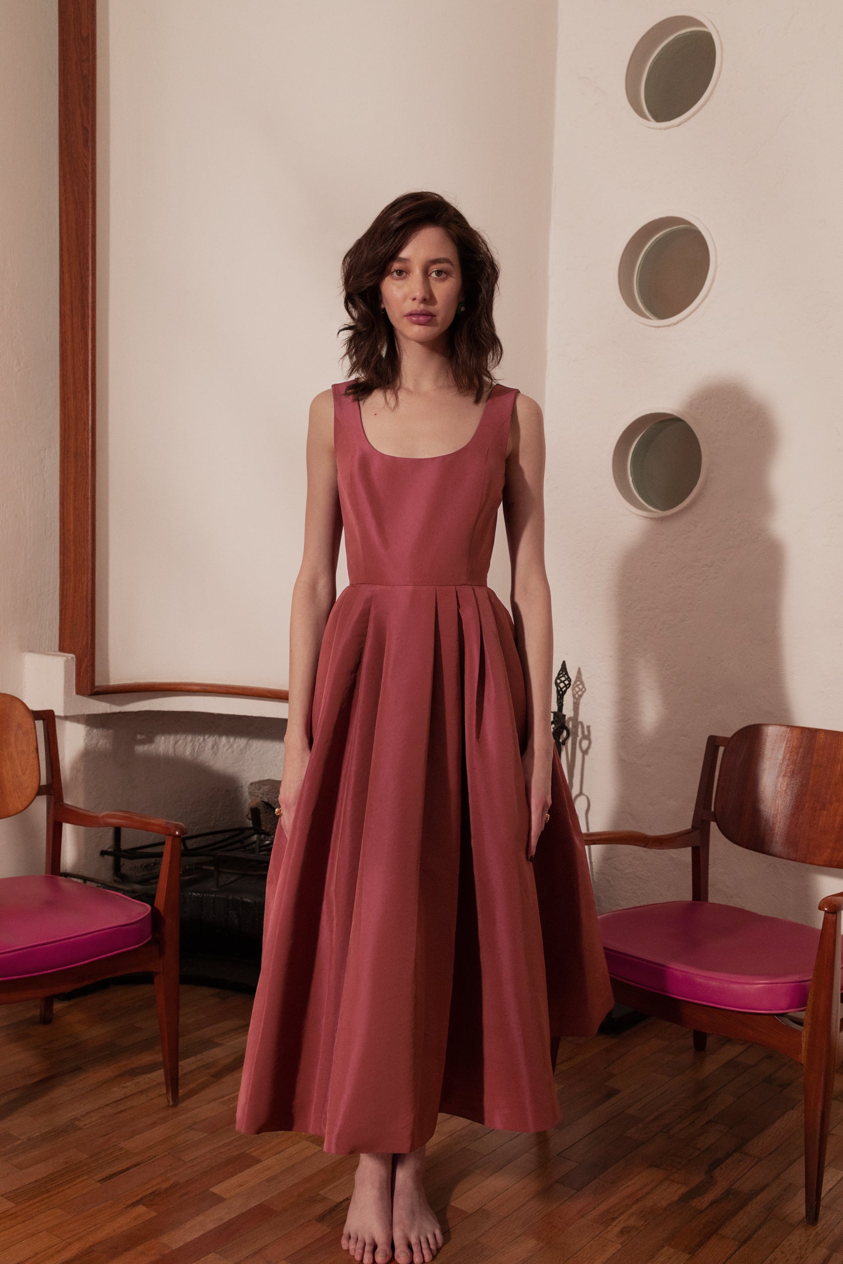 Pitahaya dress in Melograno — faille fabric, cowl back detail, full skirt above-ankle length, self-lined bodice, fully silk-lined skirt, hidden pockets, concealed side zip